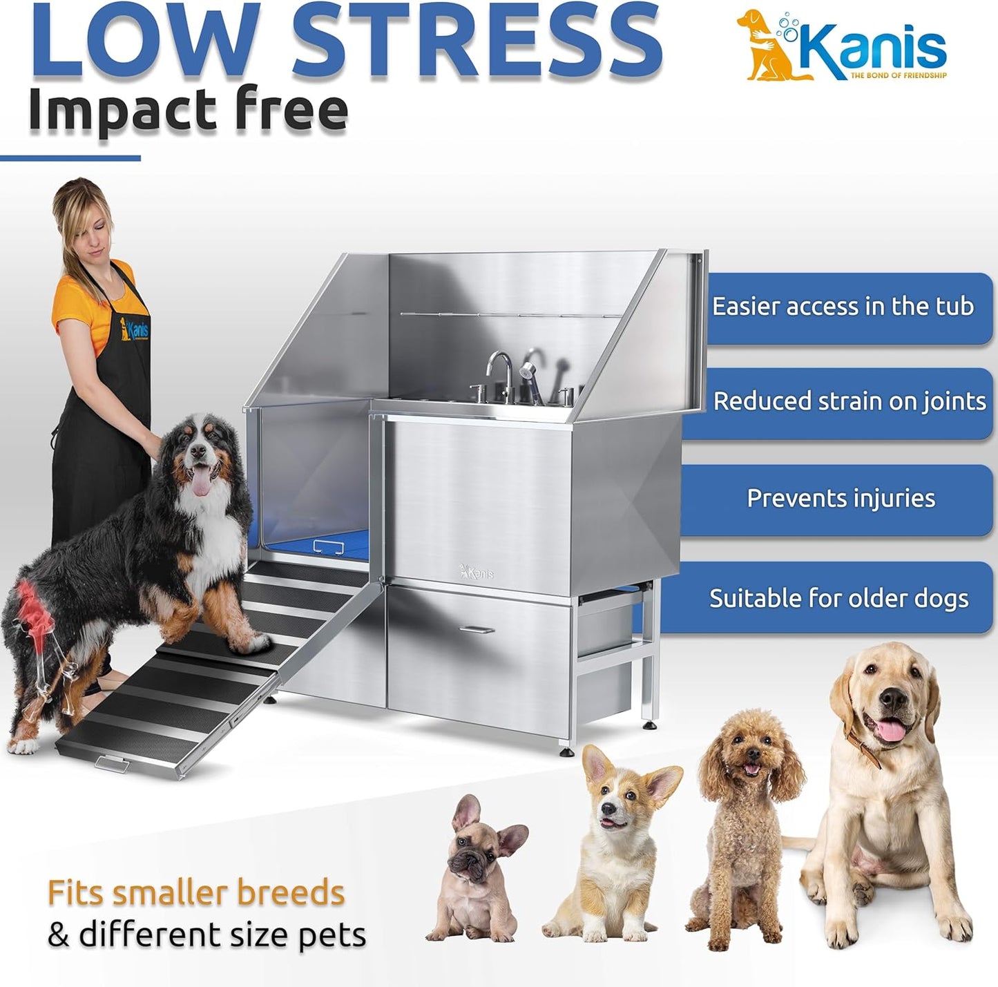 KANIS Professional Dog Washing Station - 304 Stainless Steel Pet Wash Sink & Grooming Bath Tub for Home with Ramp, Shower, Floor Grate, Storage Drawers, and Faucet for Large, Medium & Small Pets