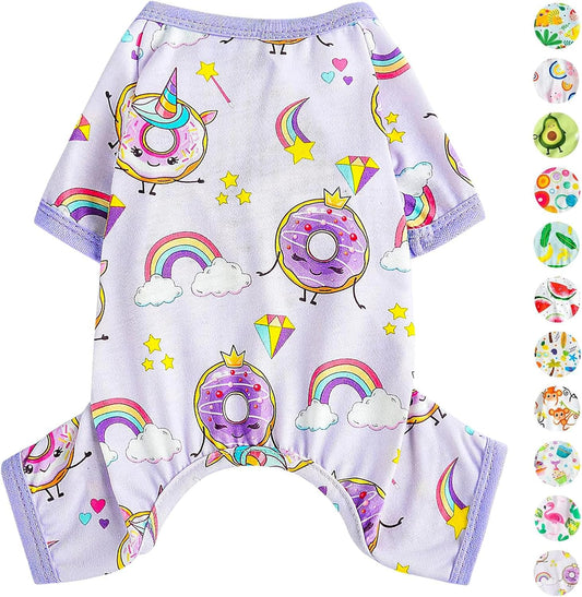 Small Dog Clothes Girl Funny Donut Dog Pajamas Pjs, Summer Lightweight Stretchy Pet Jumpsuit, Fall Dog Onesies Outfits, Purple, XS
