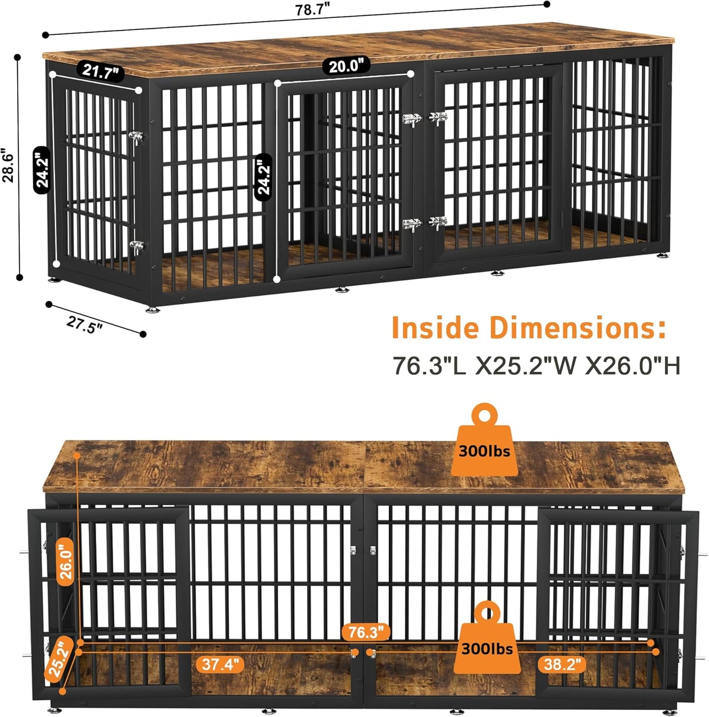 78 Inch Double Dog Crate Furniture, Heavy Duty Extra Large Cage Furniture with Divider for 2 Dogs, Decorative Wooden Kennel Furniture Indoor, Metal Pet House for Large and Medium Dogs