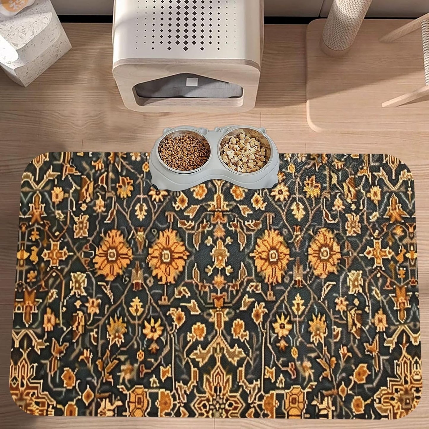 Turkish Carpet Design Dog Food Mat Absorbent Bowl Mats No Stains Quick Dry Waterproof Pet Cat Placemats for Food and Water, 30x45cm