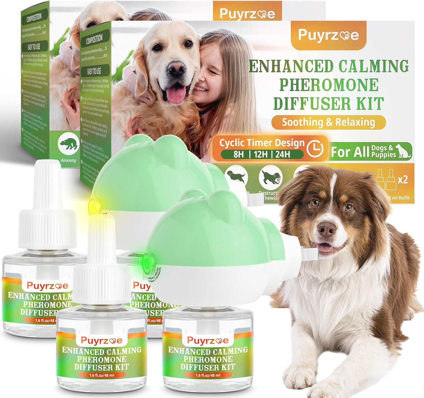 Dog Calming Diffuser with 3 Timing Functions, 6-in-1 Dog Anxiety Relief Diffuser Kit, 120-Day Anxiety Relief, Stress Relaxation Pheromones Calming for All Dogs (2 Diffusers + 4 Refills)