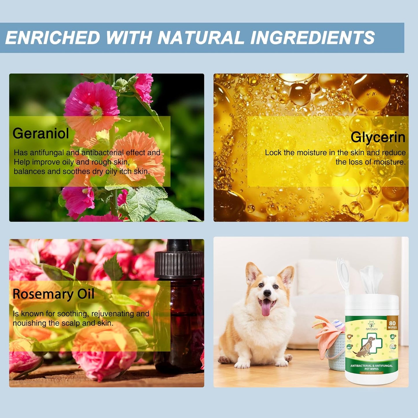 Antifungal and Antibacterial Wipes for Dogs & Cats, Dog Yeast Infection Treatment Wipes, All Natural Grooming Wipes for Cleaning, Help with Hot Spots, Ringworm, and Skin Infections, 80 Count