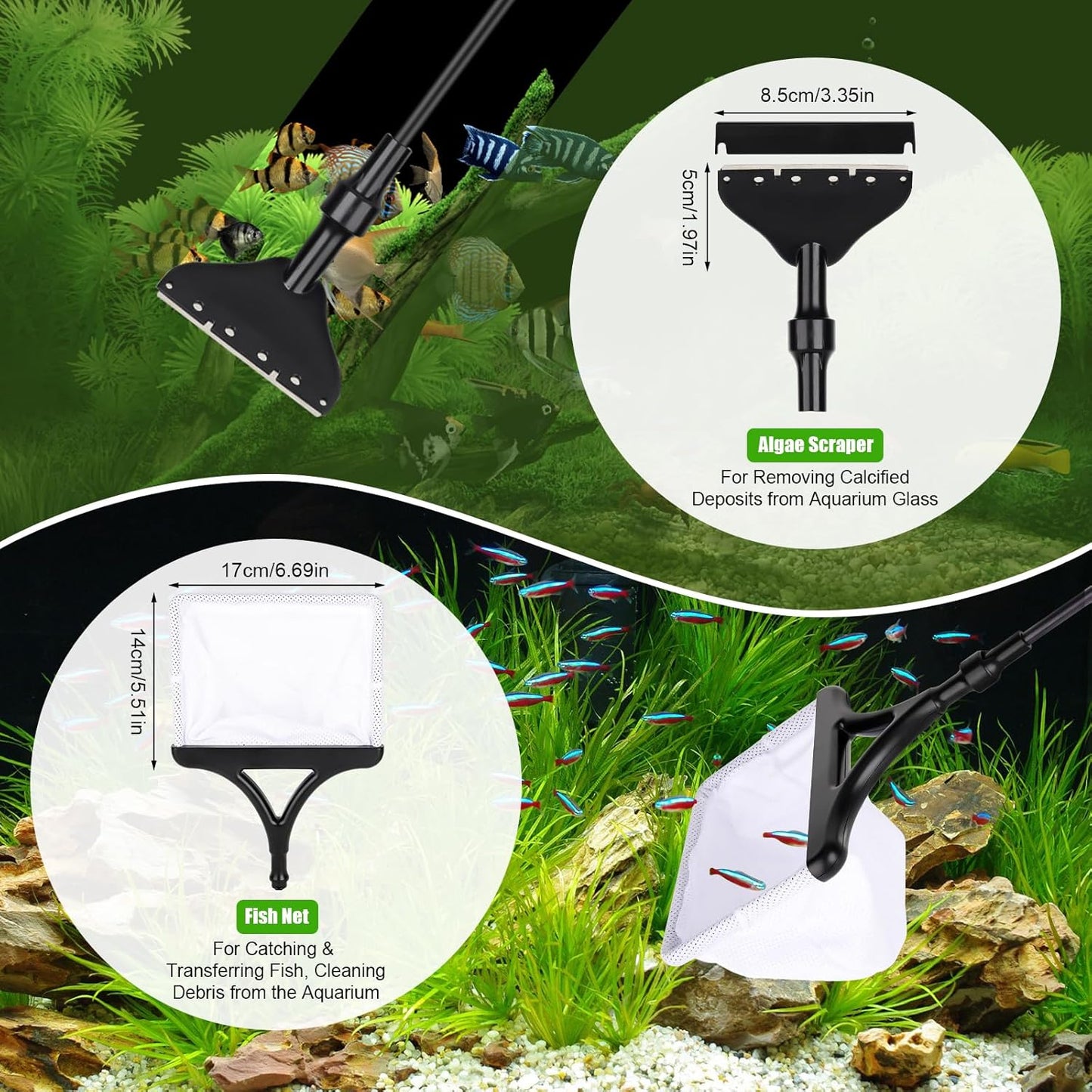 AQQA Aquarium Cleaning Tools Multifunctional 6-in-1 Fish Tank Cleaning Kits with Telesopic Handle Alage Scraper Sponge Scrubber Stiff Brush Plant Fork Gravel Rake Fish Net