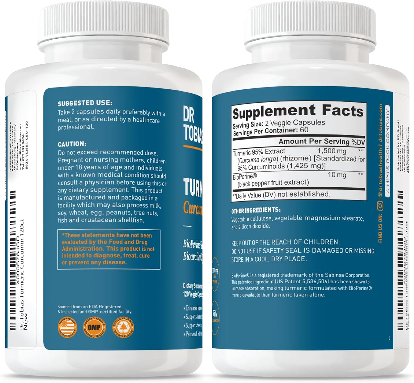 Dr. Tobias Turmeric Curcumin 1500mg with BioPerine – Extra Strength Supplement with 95% Curcuminoids for Joint Support, Overall Vitality & Immune Health, 120 Vegan Capsules, Non-GMO