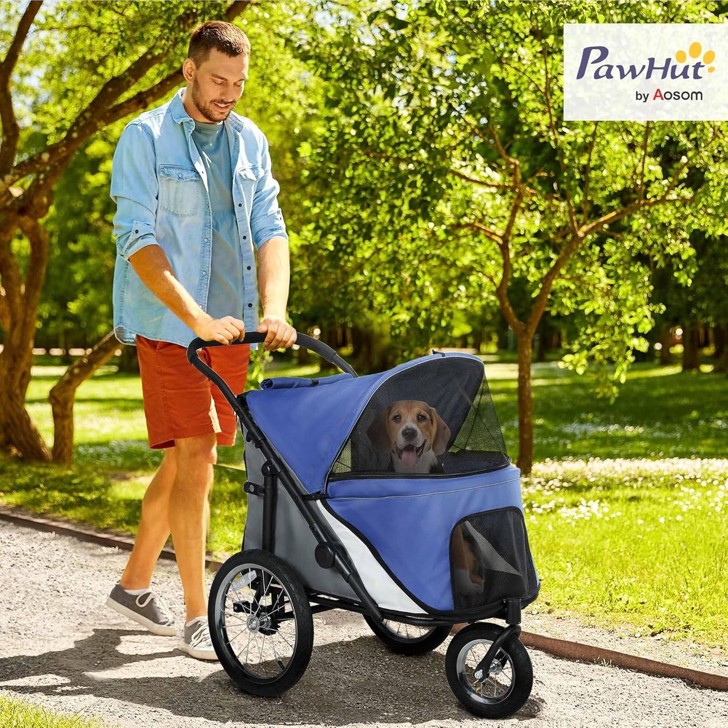 PawHut Dog Stroller, Pet Stroller 3 Wheels with Easy One-Hand Fold, Rubber Wheels, Storage Bag, Soft Cushion, Safety Leash, for Small & Medium Dogs, Blue