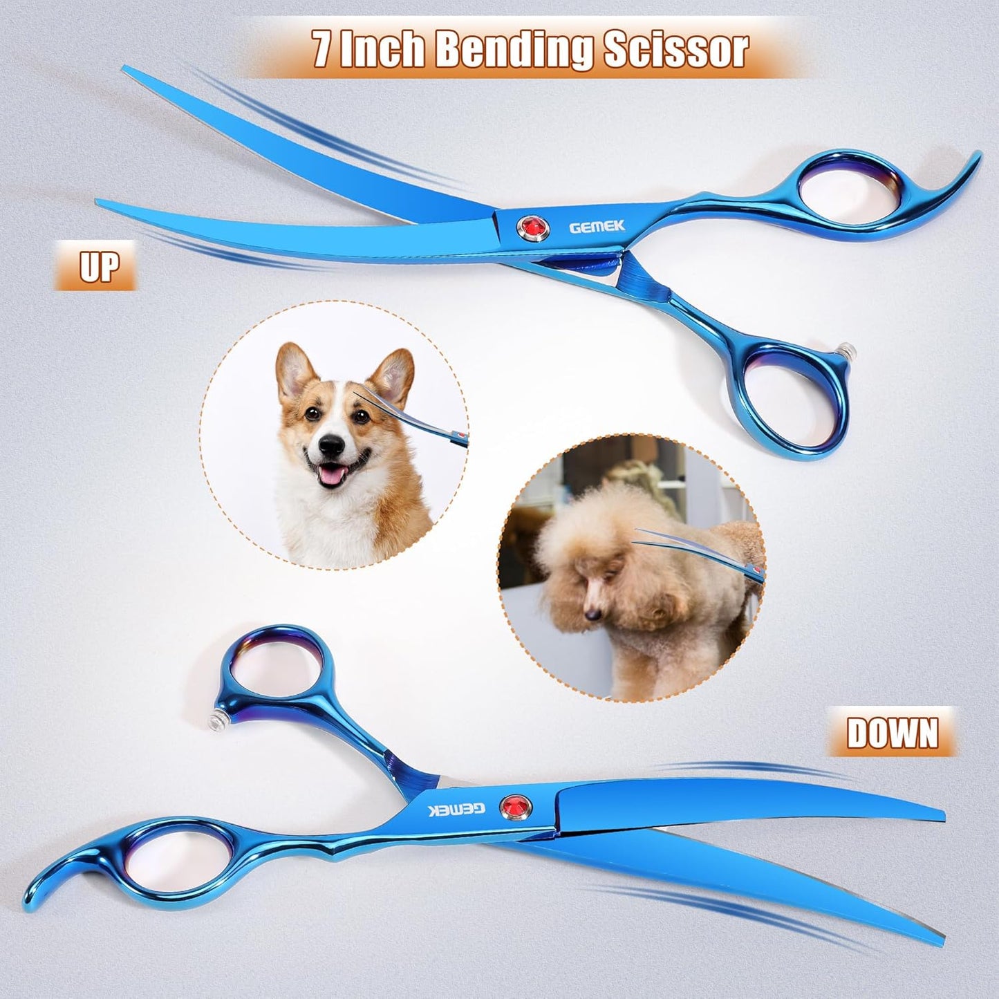 7.0in Titanium Professional Pet Grooming Scissors Set, GEMEK 6 in 1 Straight & Thinning & Upwards Curved & Downwards Curved Scissors & Comb for Dogs, Cats (Blue)