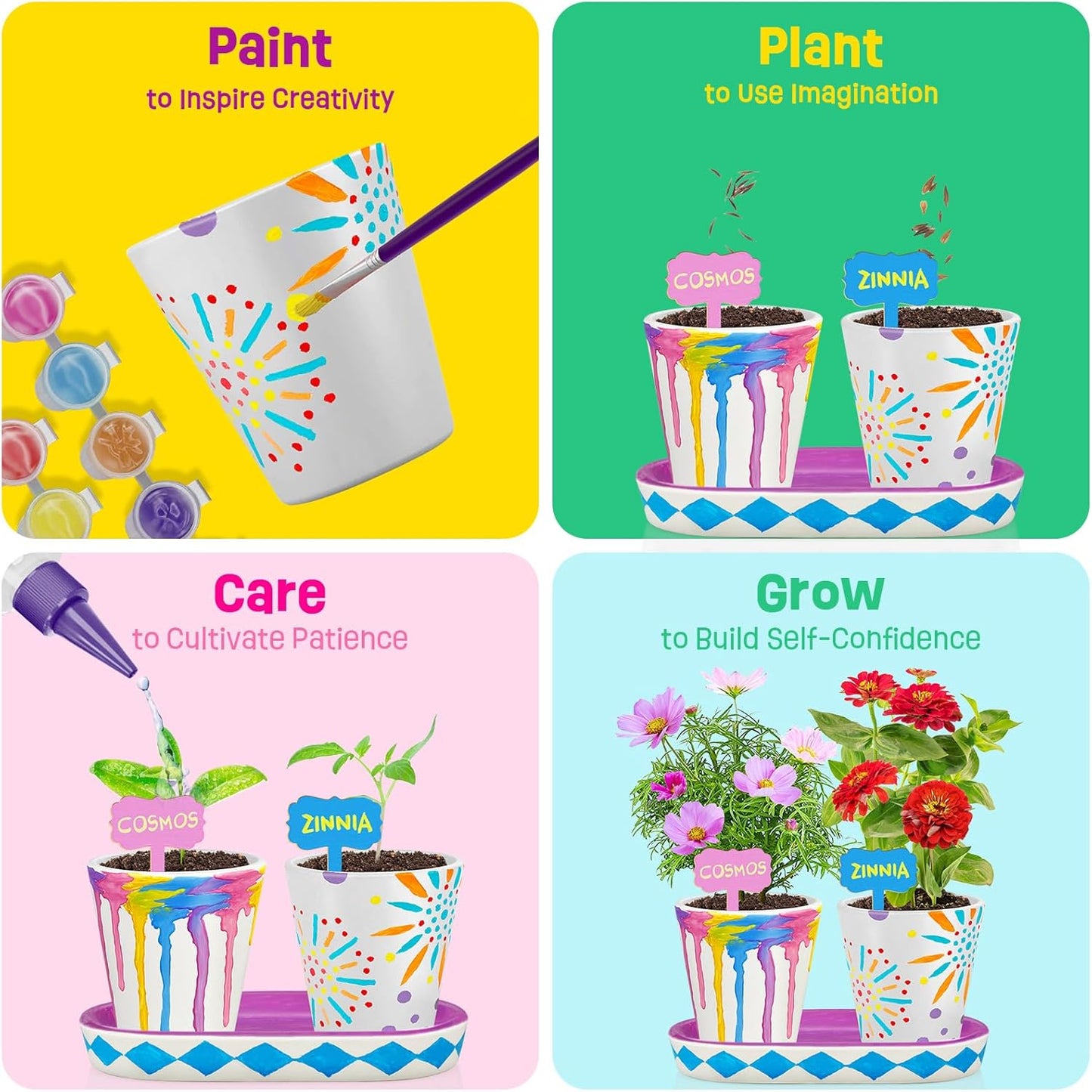 4 Set Paint & Plant Flower Gardening Kit - Gifts for Girls Ages 8-12, Arts and Crafts for Kids Ages 8-12, Kids Gardening Set, Birthday Toys Gifts for Girls Boys Ages 6 7 8 9 10 11 12