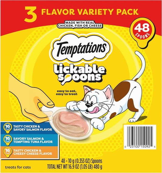 Temptations Lickable Spoons Adult Wet Cat Treats, 48 Spoons, Variety Pack