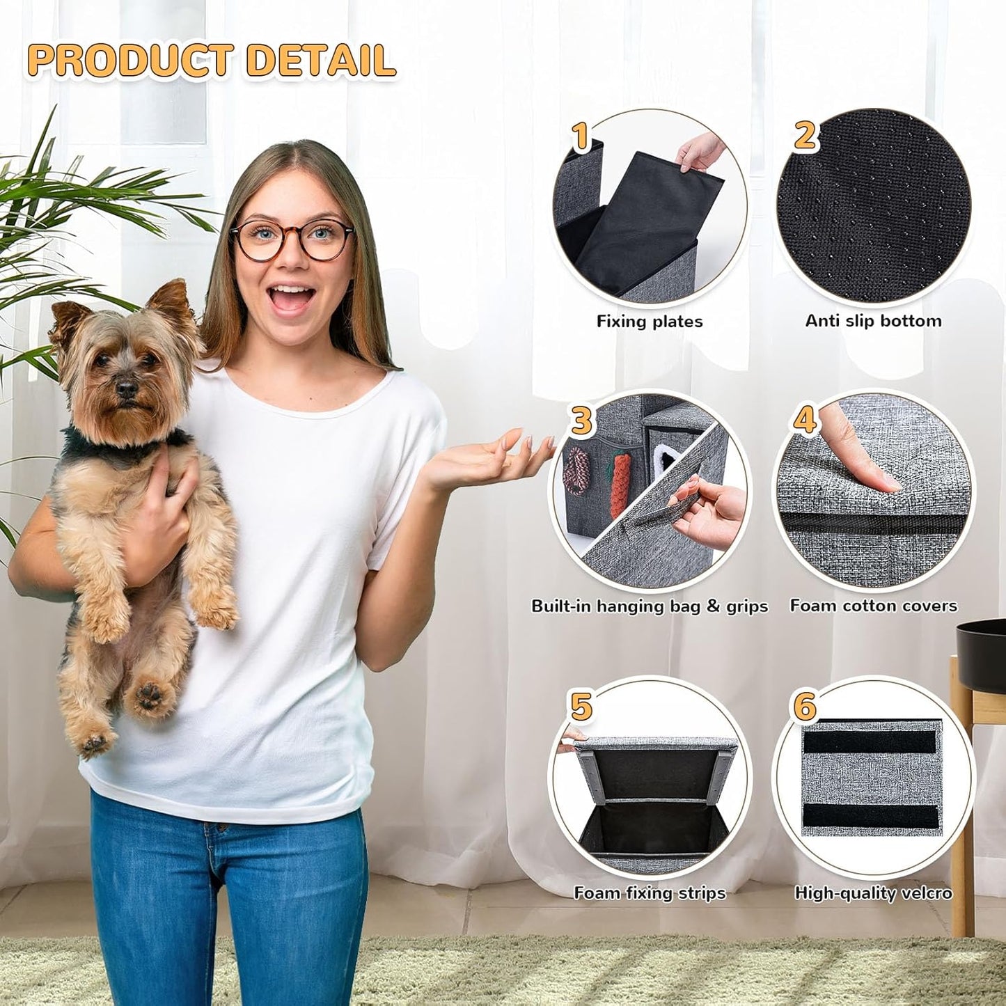 Bilibrara Dog Stairs for Small Dogs, Foldable Pet Steps for High Bed, Non-Slip 3-Step Cat Stairs with Storage, Condo and Fluffy Ball, Small Dog Indoor Ramp for Couch Window, 16'' H