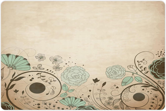 Lunarable Abstract Pet Mat for Food and Water, Old Dated Vintage Retro Antique Image with Floral Swirls Art Print, Non-Slip Rubber Mat for Dogs and Cats, 18" X 12", Brown Turquoise