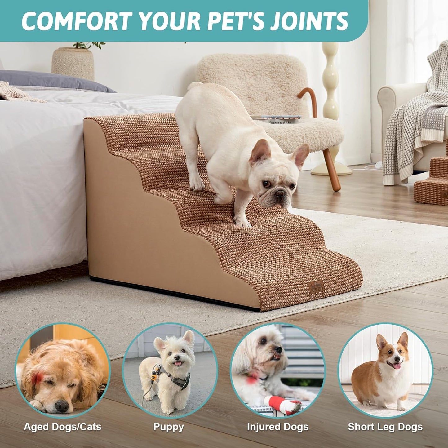 Extra Wide Dog Stairs 19.7" Width, Large Pet Step for Small Medium Dog, Puppy or Cat, Ramp for High Bed or Car, High Density Foam Ladder, Stable, 5 Step, 19.7x33x22.4 inch, Light Brown