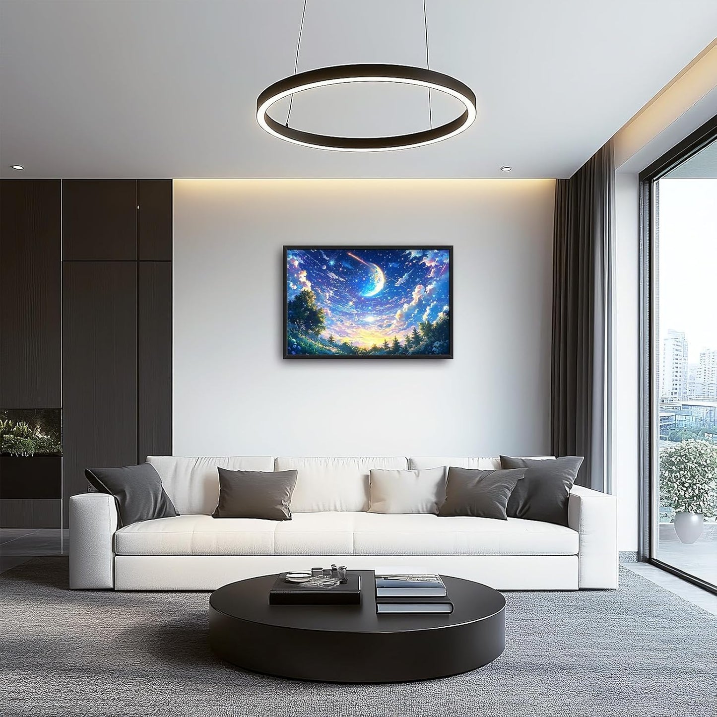 Framed Large Anime Sky Wall Art for Living Room, Oversized Fantasy Night Sky Forest Wall Decor Nature Canvas Painting Modern Artwork Home Decoration for Living Room Bedroom Office 36"x24"