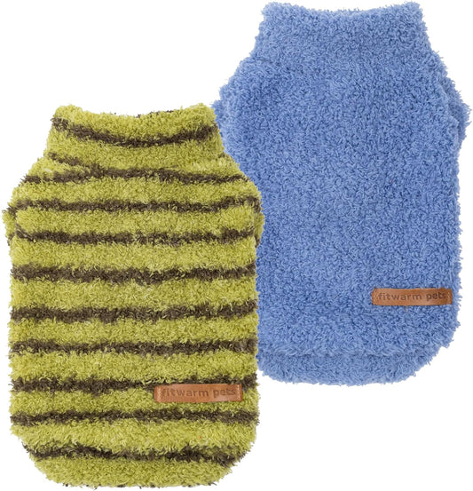 Fitwarm 2 Pack Striped Fleece Dog Sweater, Warm Winter Clothes for Small Dogs Boy Girl, Fuzzy Pet Outfit, Sky Blue, Olive Green, Small