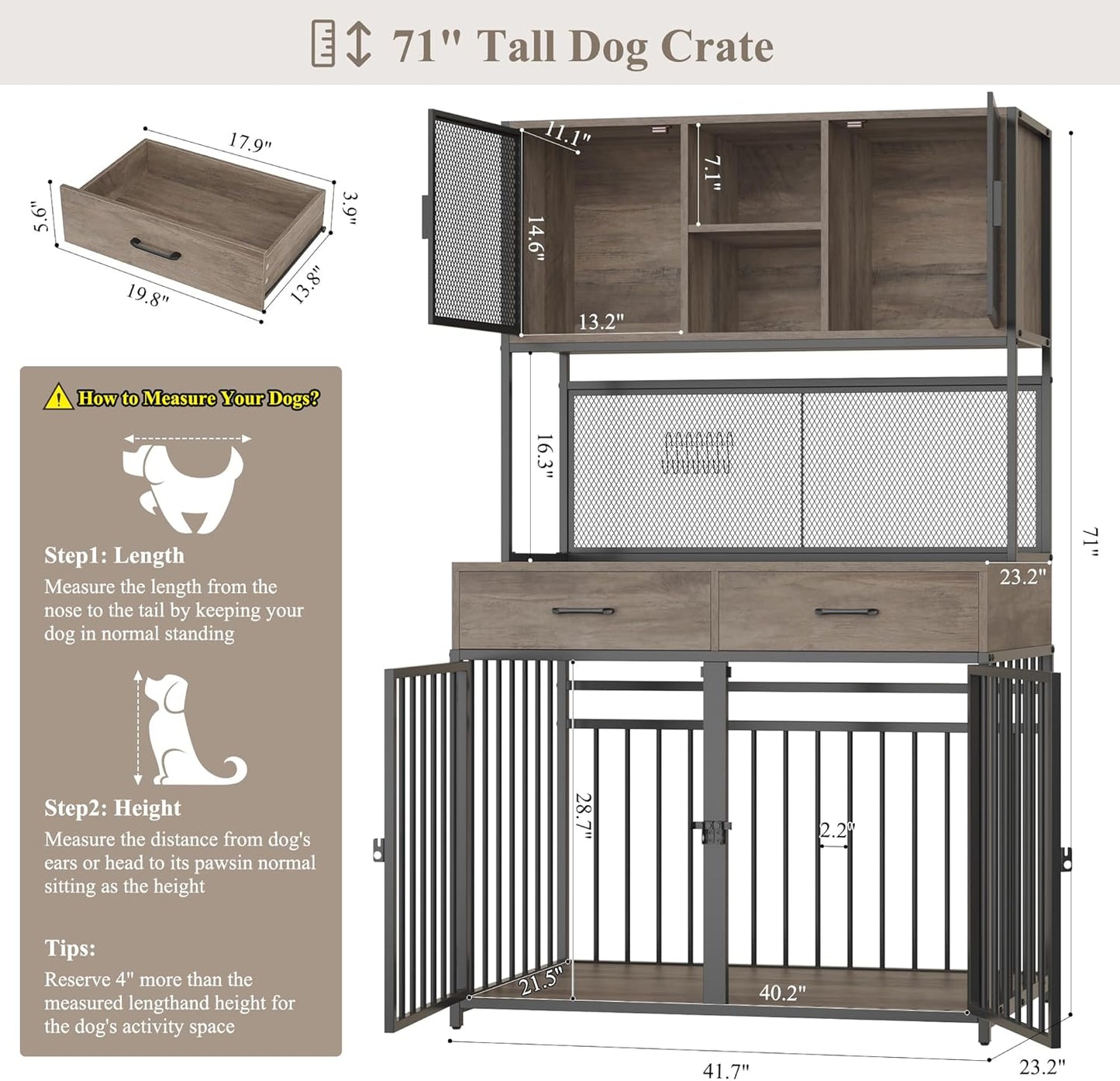 HITHOS 71" Tall Dog Crate Furniture, Indoor Dog Kennel with Hutch, 42" W Dog Cage for Large/Medium Dogs, Wood Dog Crates with 2 Storage Drawers, Heavy Duty Pet House, Ash Grey
