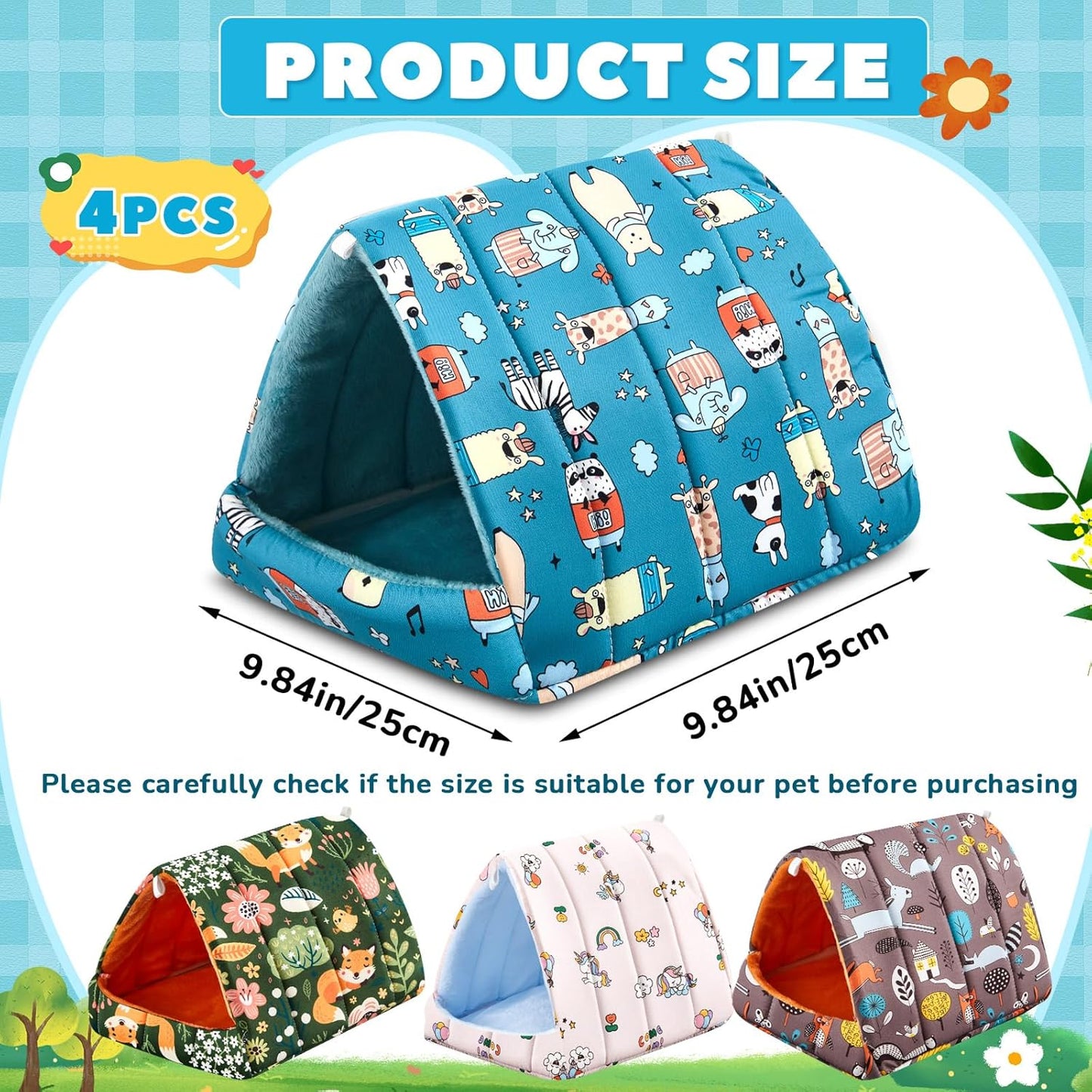 4 Pcs Guinea Pig Hideout, Guinea Pig Bed Tunnel, Rabbit Washable Small House Cage Accessories for Bunny Hedgehog Mouse Chinchillas Hamsters Ferrets Bearded Dragons Rats(Forest,9.8 in)