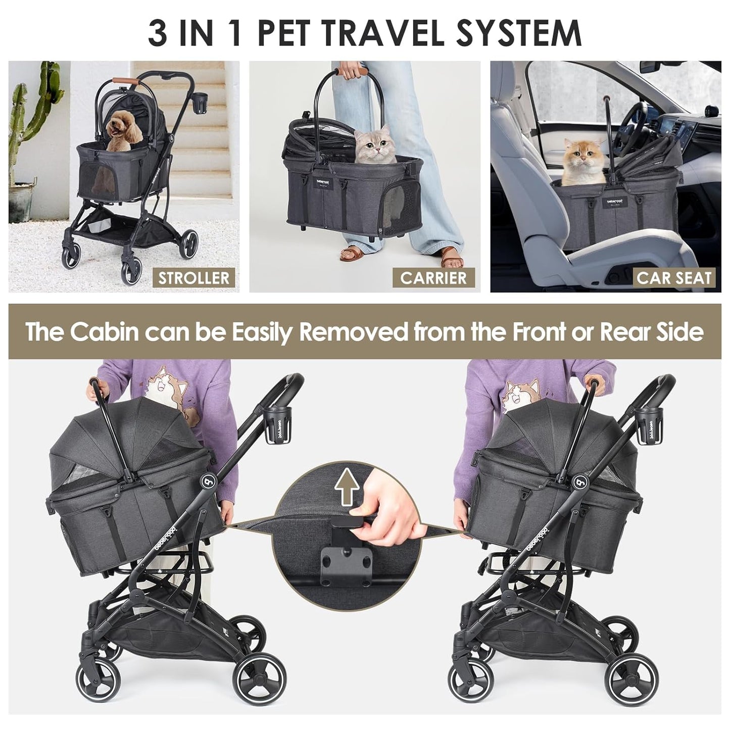 T3 Foldable Pet Stroller for Small Dogs & Cats – 3-in-1 Lightweight Design, 180° Canopy & Detachable Carrier (Black)