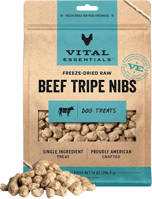 Vital Essentials Beef Tripe Nibs Dog Treats, 14 oz | Freeze-Dried Raw | Single Protein | Premium Quality High Protein Training Treats | Grain Free, Gluten Free, Filler Free