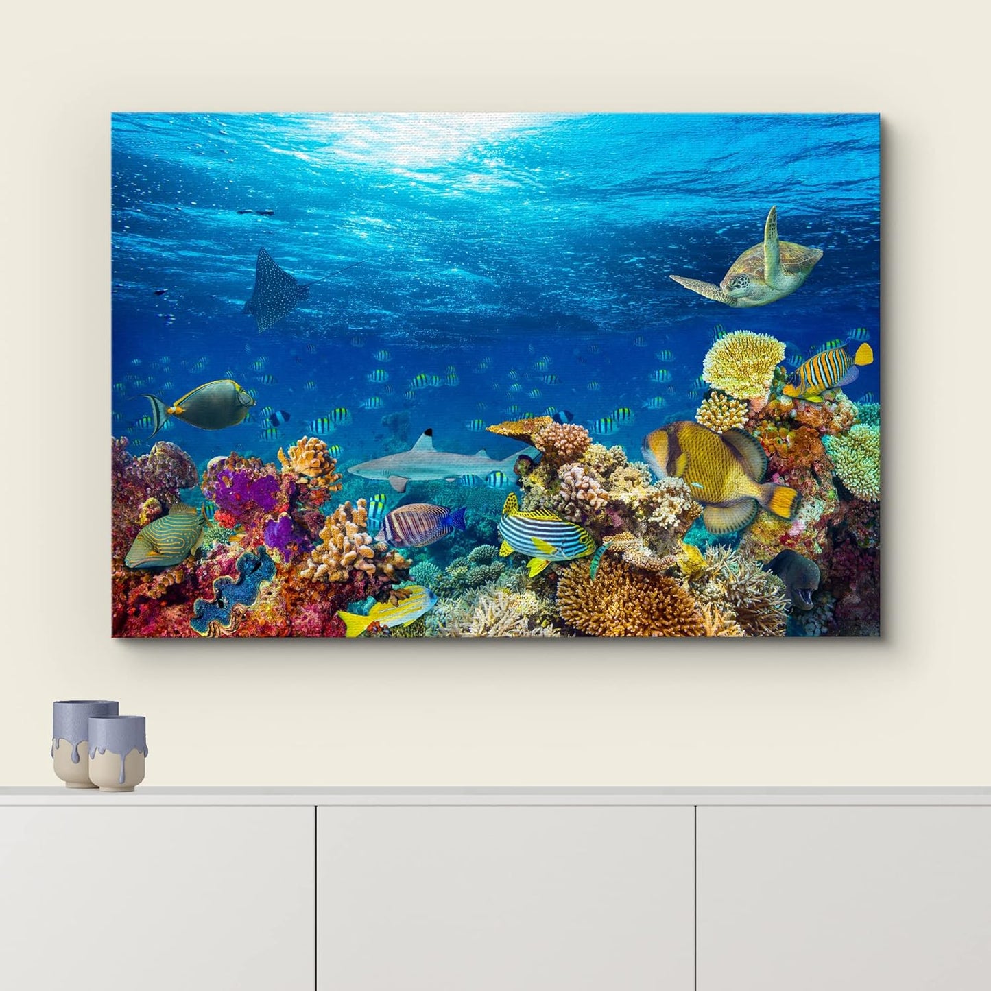 wall26 Canvas Print Wall Art Vibrant Sunshine Ray Coral Reef Turtle Fish Nature Animals Photography Realism Rustic Scenic Landscape Wilderness Colorful for Living Room, Bedroom, Office - 16"x24"