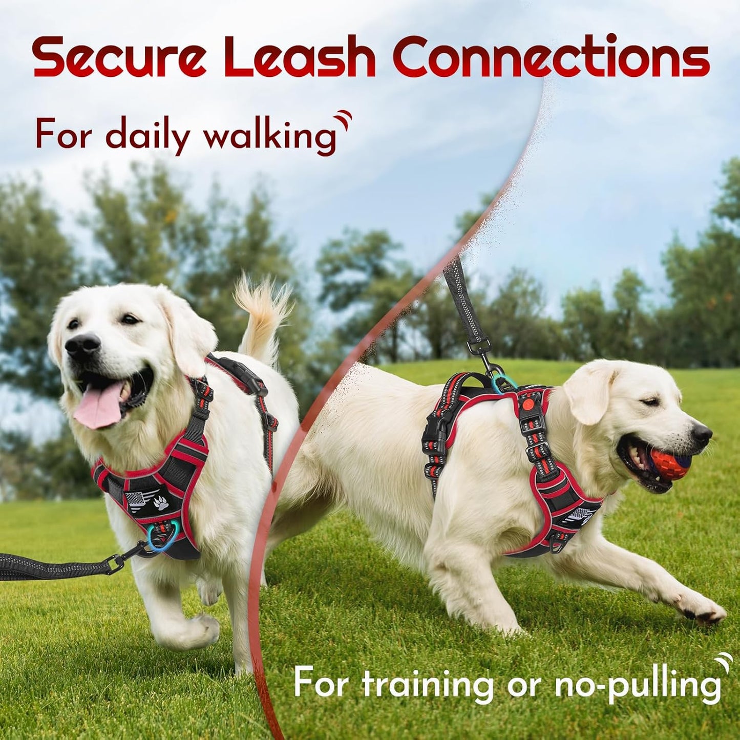 Eagloo Dog Harness for Large Dogs, Easy Wearing with 3 Buckles, Adjustable No Pull Pet Harness with 2 Rings for Walking, No Chock Reflective Soft Padded Vest with Control Handle, Black & Red, XL