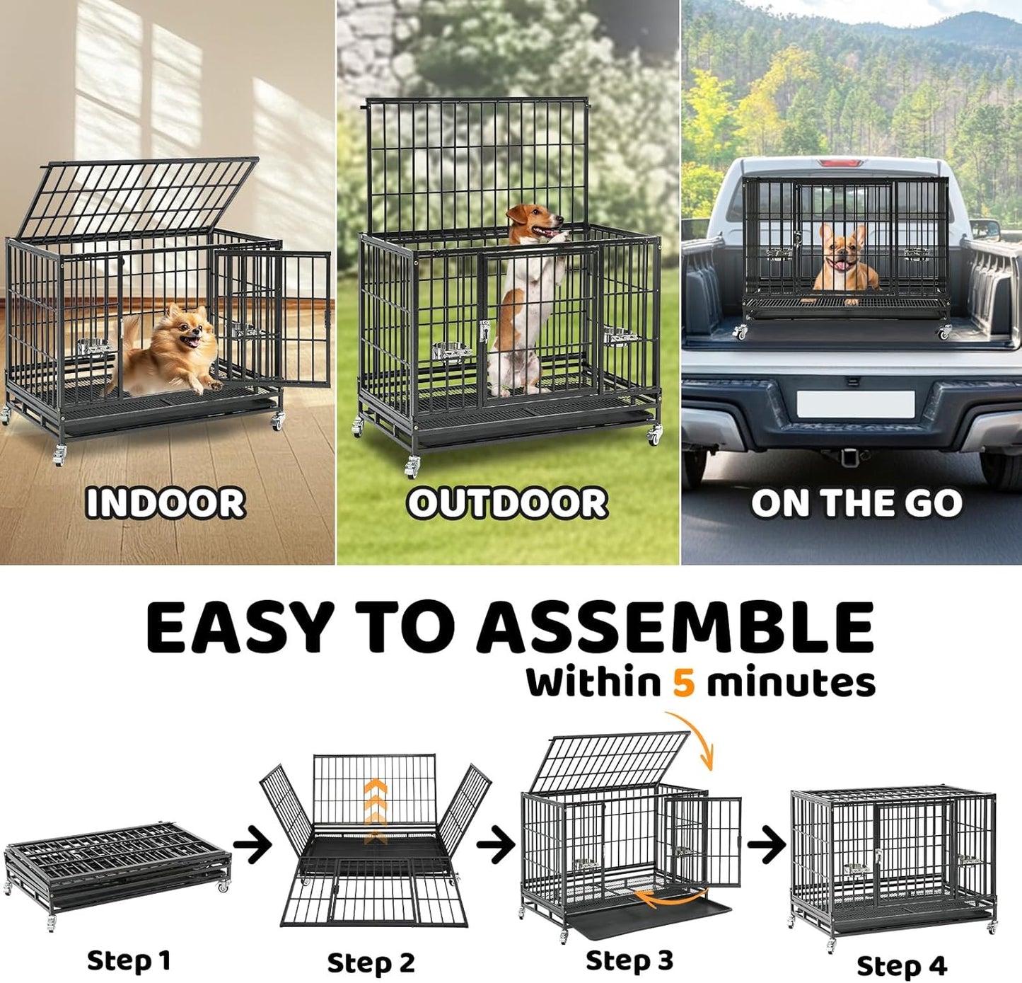 Homey Pet 3 Pack Three Levels 37 Inch Dog Crate, Escape Proof Dog Cage Kennel Indoor with Top Access and Lockable Wheels, Removable Tray, Heavy Duty Dog Crates for Medium/Small Dogs