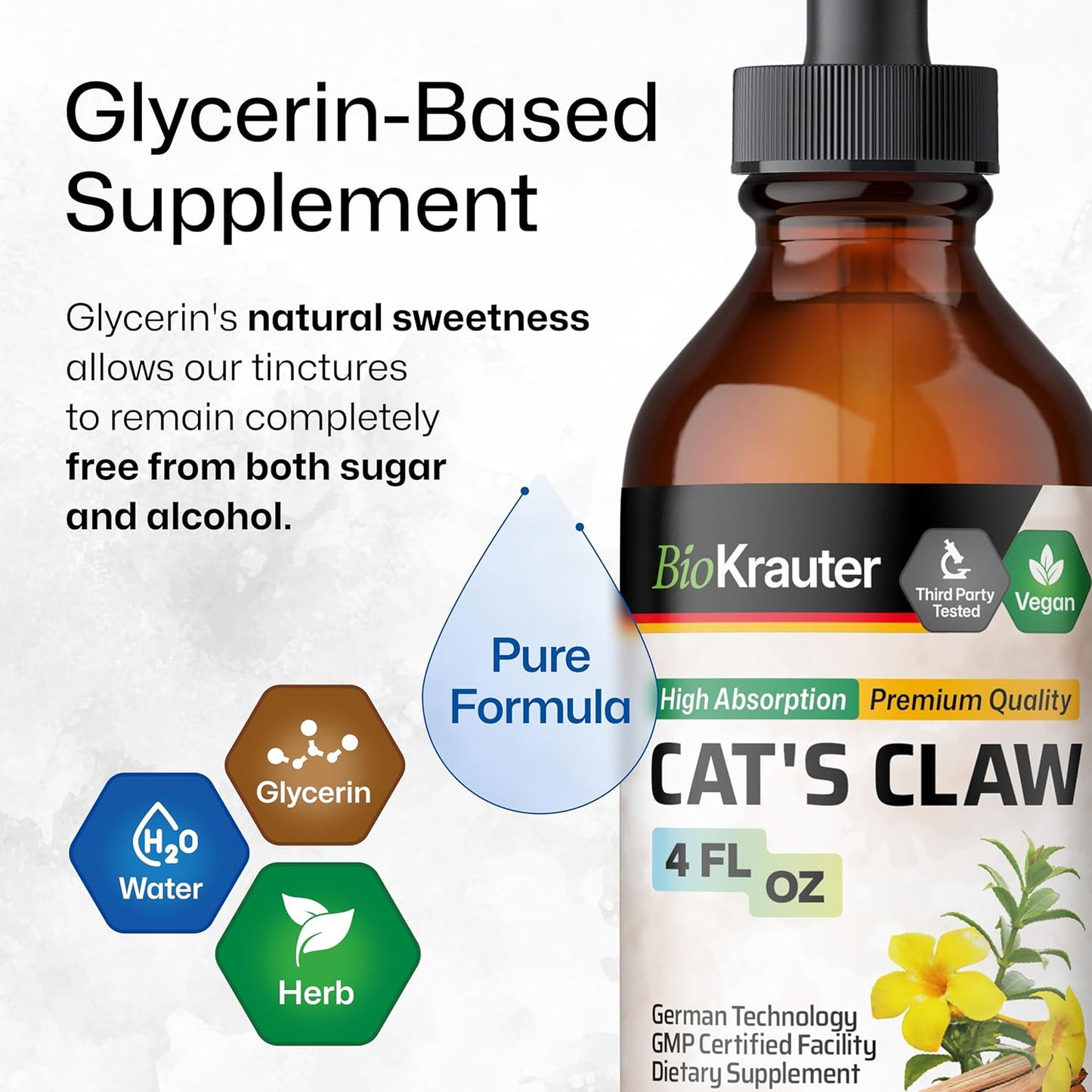 BIO KRAUTER Cats Claw Tincture - Liquid Cats Claw Herb for Immune Support - Alcohol & Sugar Free - Vegan Drops 4 Fl.Oz.