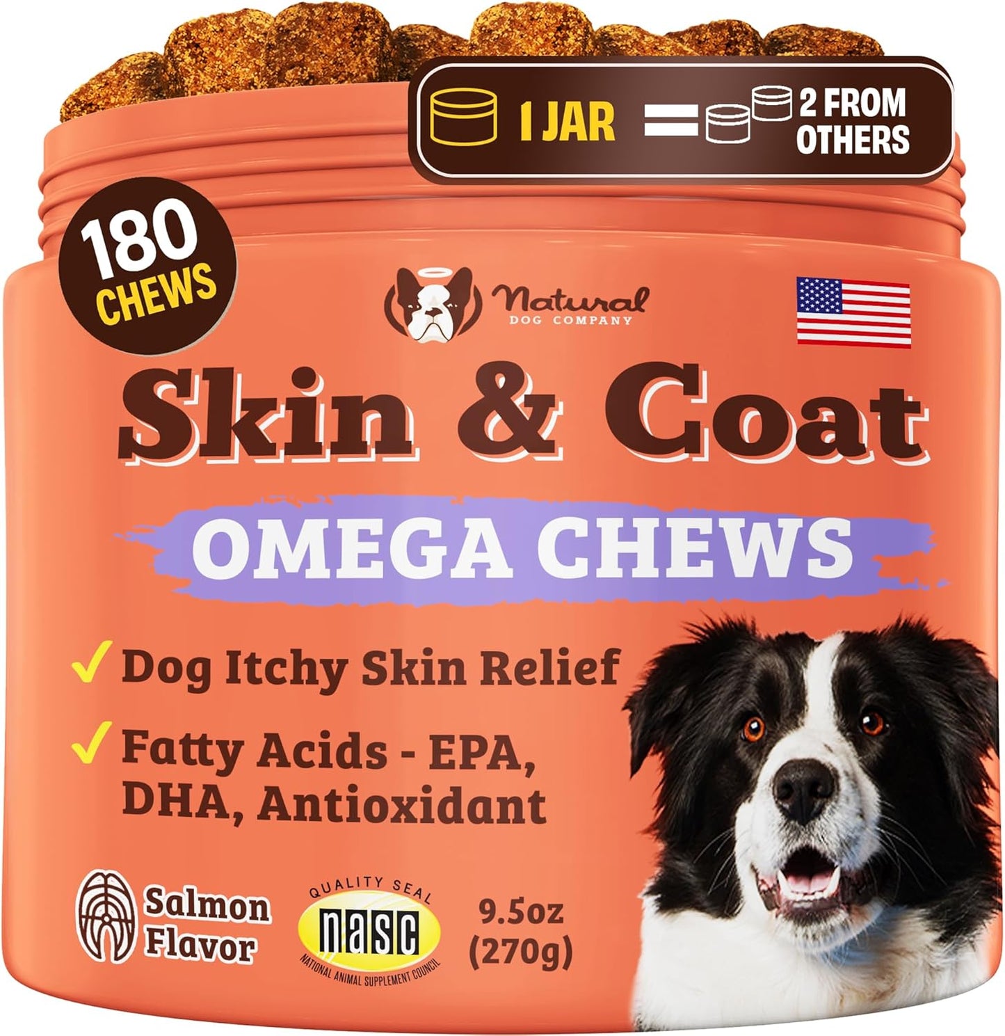 Natural Dog Company Skin & Coat Supplement for Dogs – Omega 3 Salmon Oil, Biotin & Vitamin E Support Shiny Coat, Healthy Skin & Normal Shedding, Promotes Comfort from Occasional Itch, 180 Count