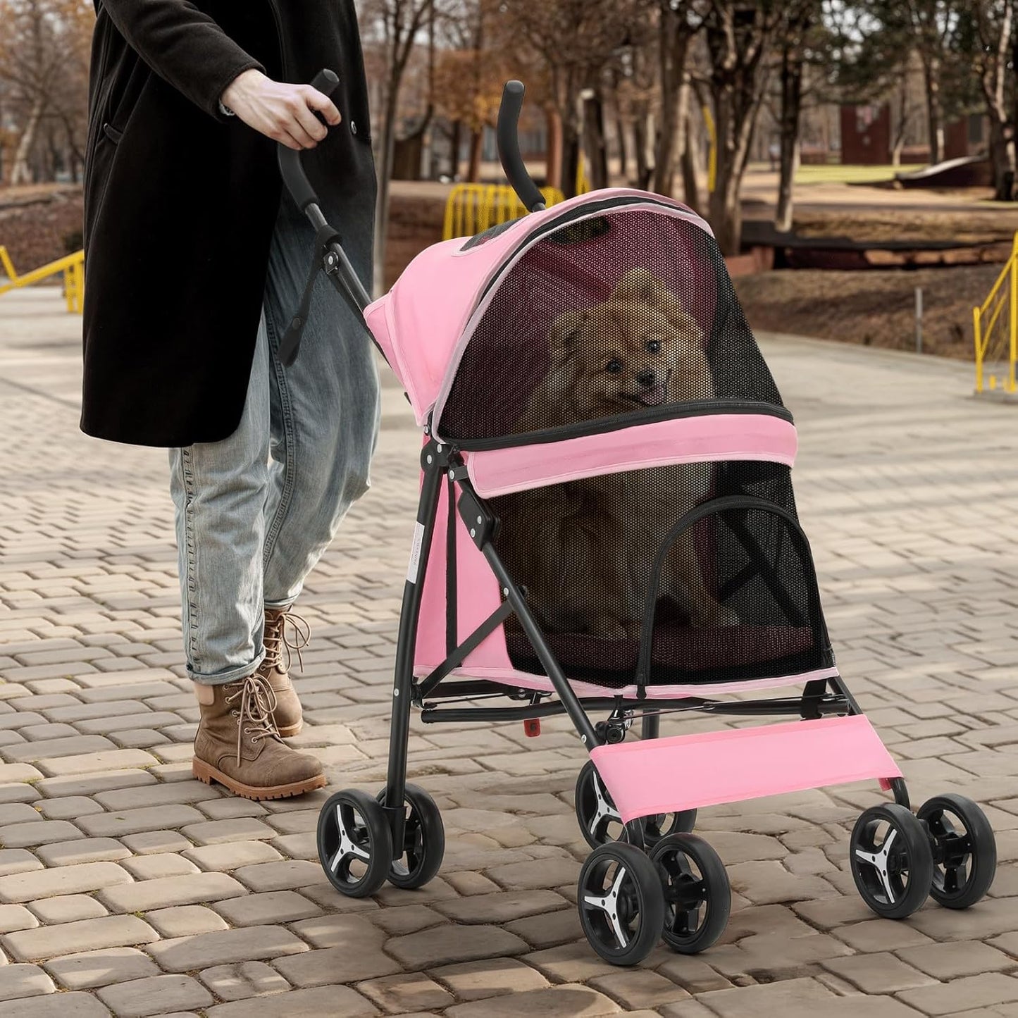 Magshion Compact Pet Stroller for Small-Medium Dogs/Cats up to 22lbs, 4-Wheel Lightweight Umbrella Shaped Portable Puppy Travel Jogger with Breathable Mesh & Rear Storage, Pink