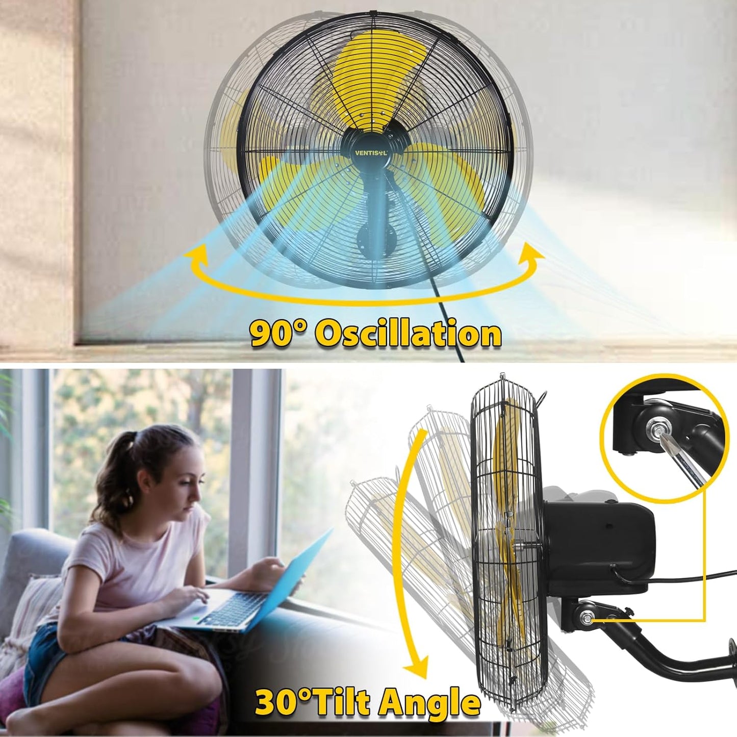 VENTISOL 20 Inch Wall Mount Fan Oscillating, High Velocity Industrial Wall Fan for Indoor, Commercial, Residential, Warehouse, Greenhouse, Workshop, Basement