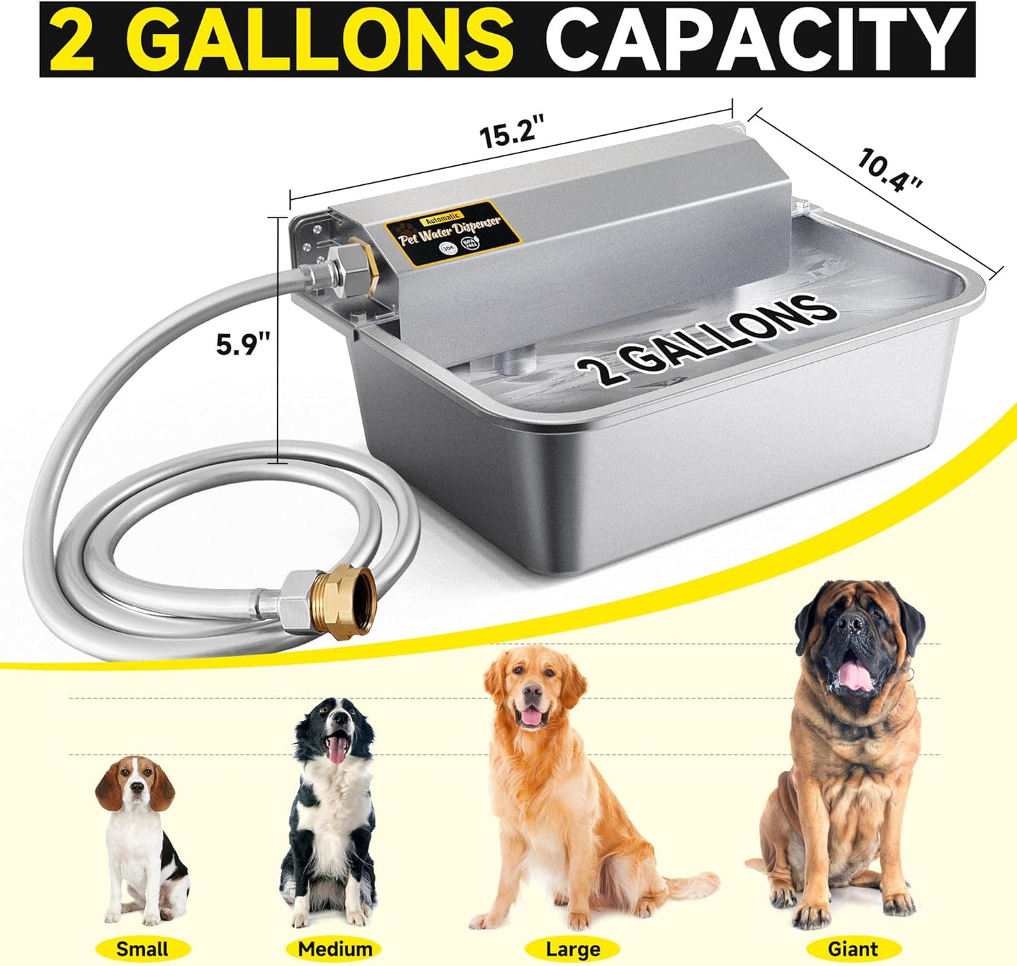 Automatic Dog Water Dispenser, 2 Gallons 304 Stainless Steel Large Dog Water Bowl Dispenser for Indoor/Outdoor, Pet & Livestock Water Feeder, Auto Fill, Fits GHT 3/4" Faucet, Easy to Clean