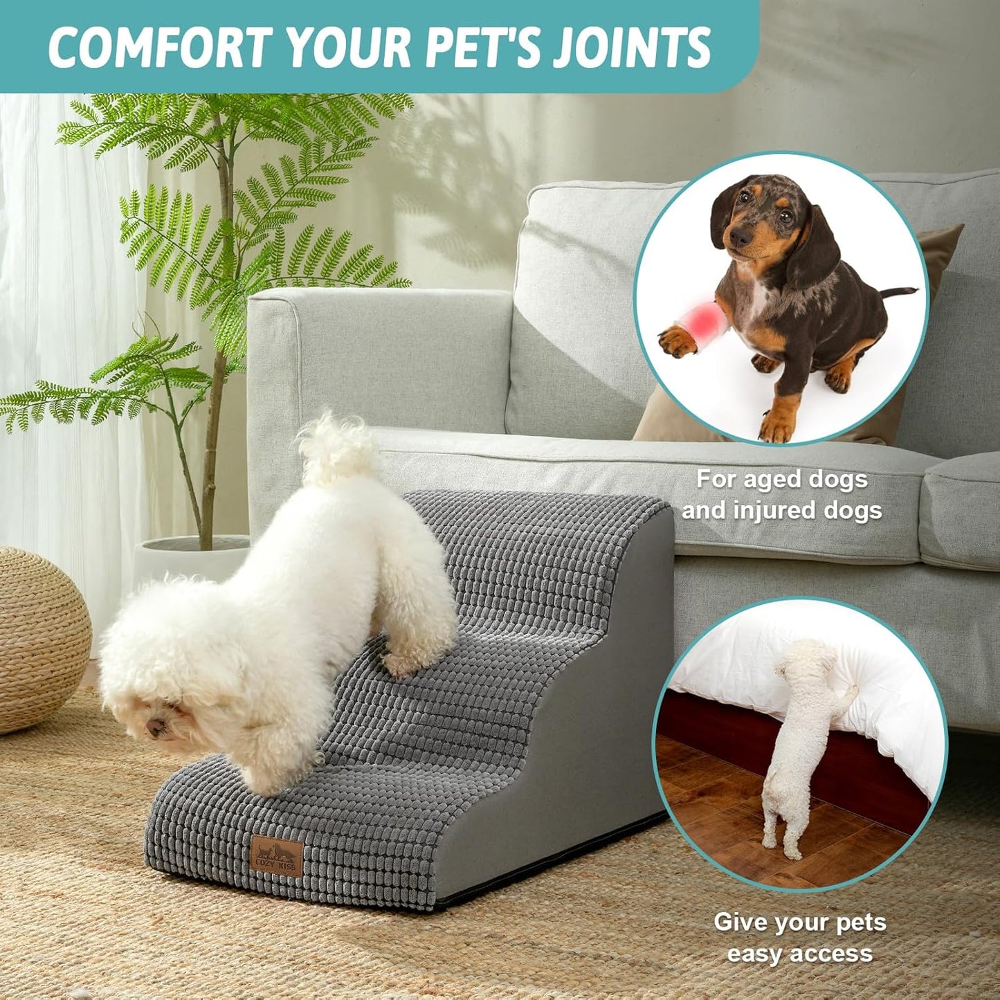 Dog Stairs for Small Dogs 15.7" H, Curved Dog Step for Puppy, Older Cat, Medium Pet Ramp for Sofa, Couch or Chair, Ladder with High Density Foam, 15.7x22.4x15.7 inch, 3 Step, Light Grey