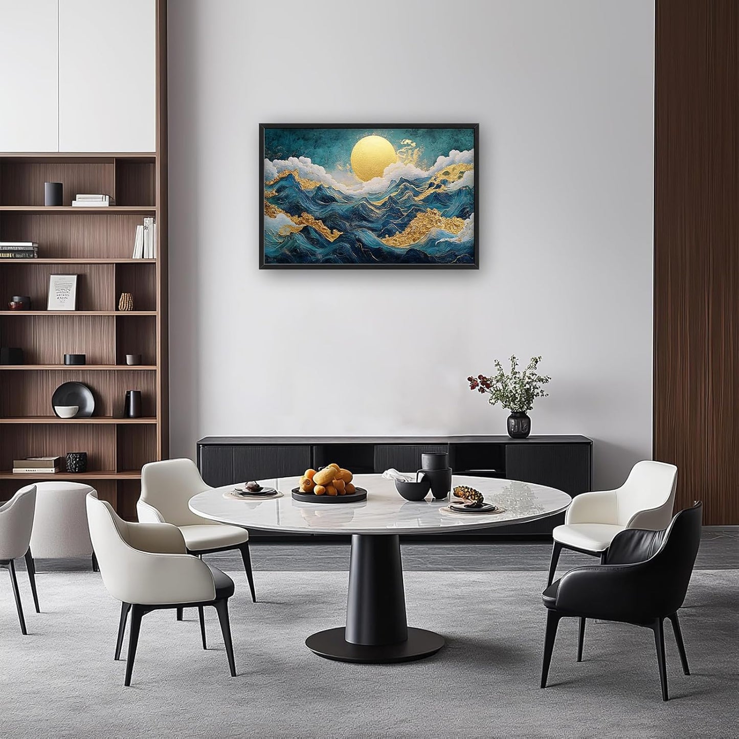 Framed Large Sun Mountain Wall Art, Oversized Teal and Golden Sun Wall Decor for Living Room, Abstract Landscape Canvas Painting Modern Artwork Home Decoration for Living Room Bedroom 36"x24"