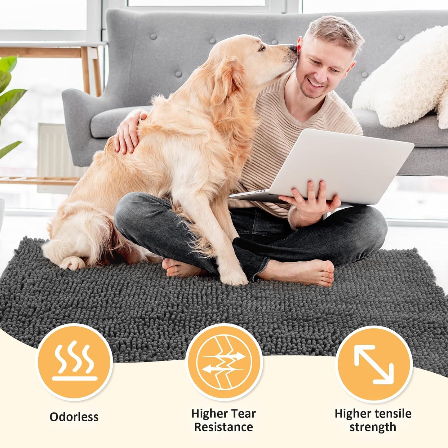 Absorbent Dog Door Mat for Muddy Paws, 72" x 36" Chenille Indoor Mats for Entryway, Trap Dirt Front Door Mat Indoor Entrance Washable Non Slip Soft
