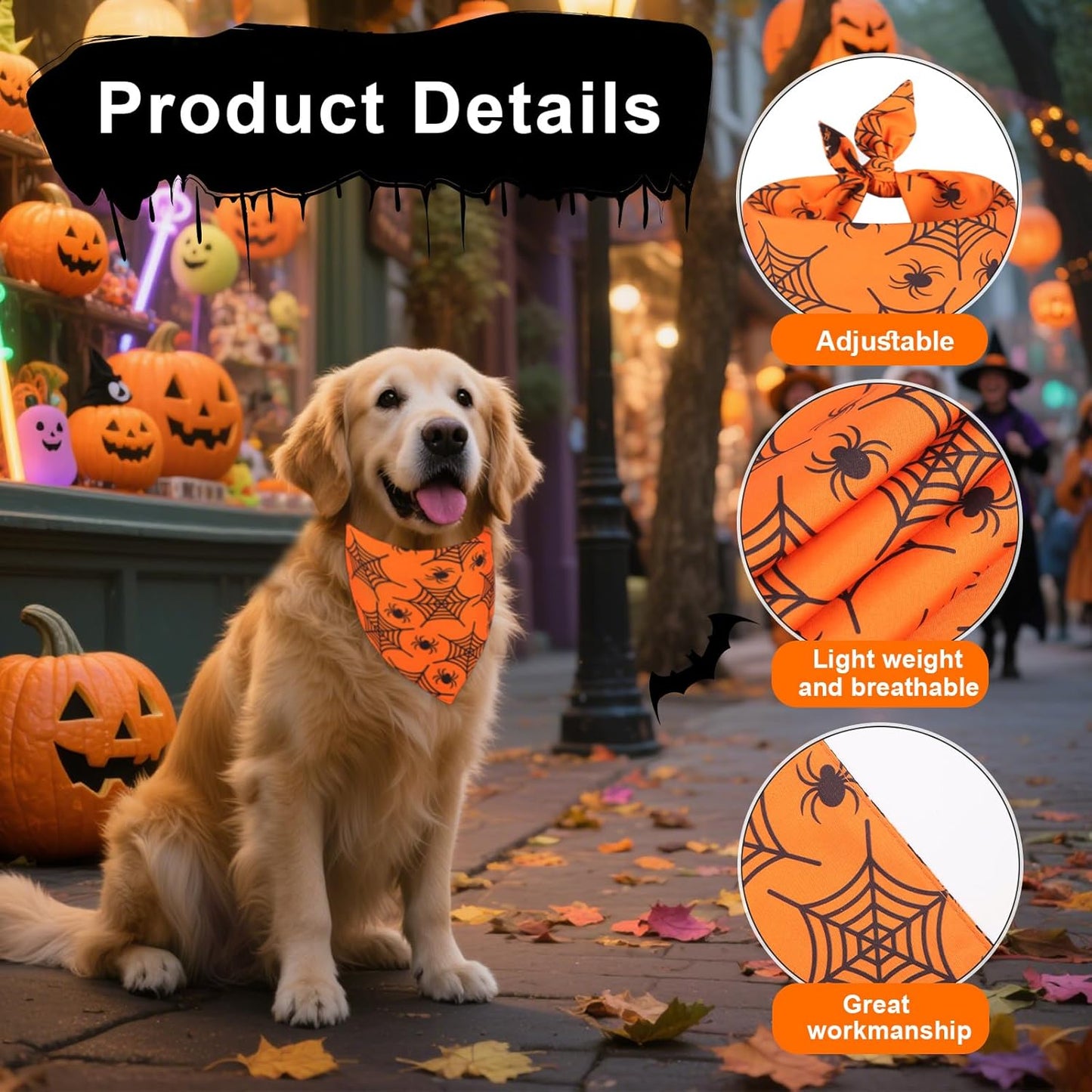 Doncida Halloween Dog Bandana and Thanksgiving Christmas Dog Bandanas 3 Pack, 6 Pattern Reversible Triangle Scarf for Medium and Large Dogs, Premium Durable Fabric Bibs for Pets (Large)