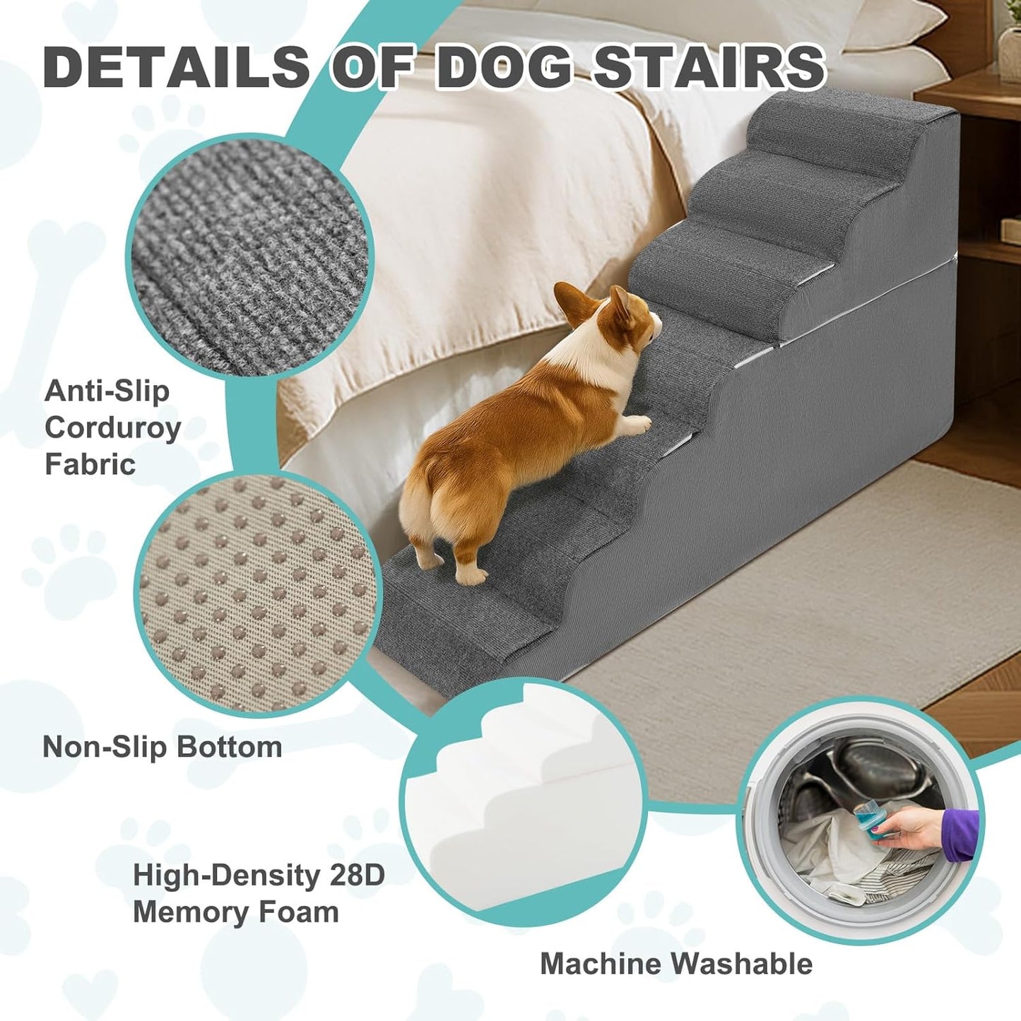 7-Step Dog Stairs for High Bed - 29.5" Adjustable Dog Ramps for Couch, Non-Slip Sturdy Pet Steps for Small Dogs, Washable Cover, Removable Modular Design, Dual 11.8” & 17.7” Steps for Custom Height