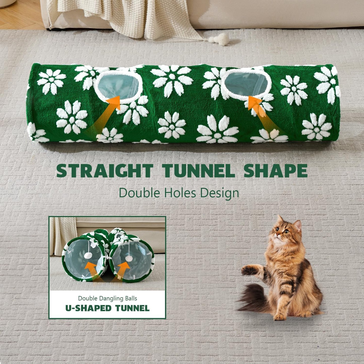 Straight Cat Tunnel for Indoor Cats 47"x12", Cute Cat Toys Collapsible Tunnel Tube with Balls for Puppy Kitten Rabbit, Green Flower