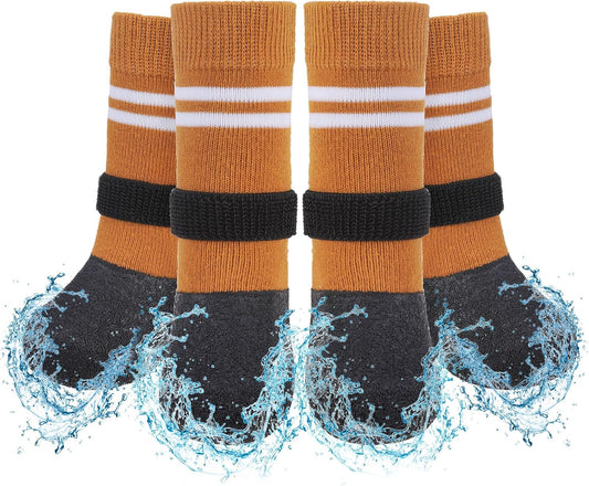 SCENEREAL Anti Slip Dog Boots & Paw Protectors for Hardwood Floor, Extended Dog Socks to Prevent Licking Paws, Waterproof Pet Snow Rain Shoe for Winter Medium Senior Dogs, Khaki M