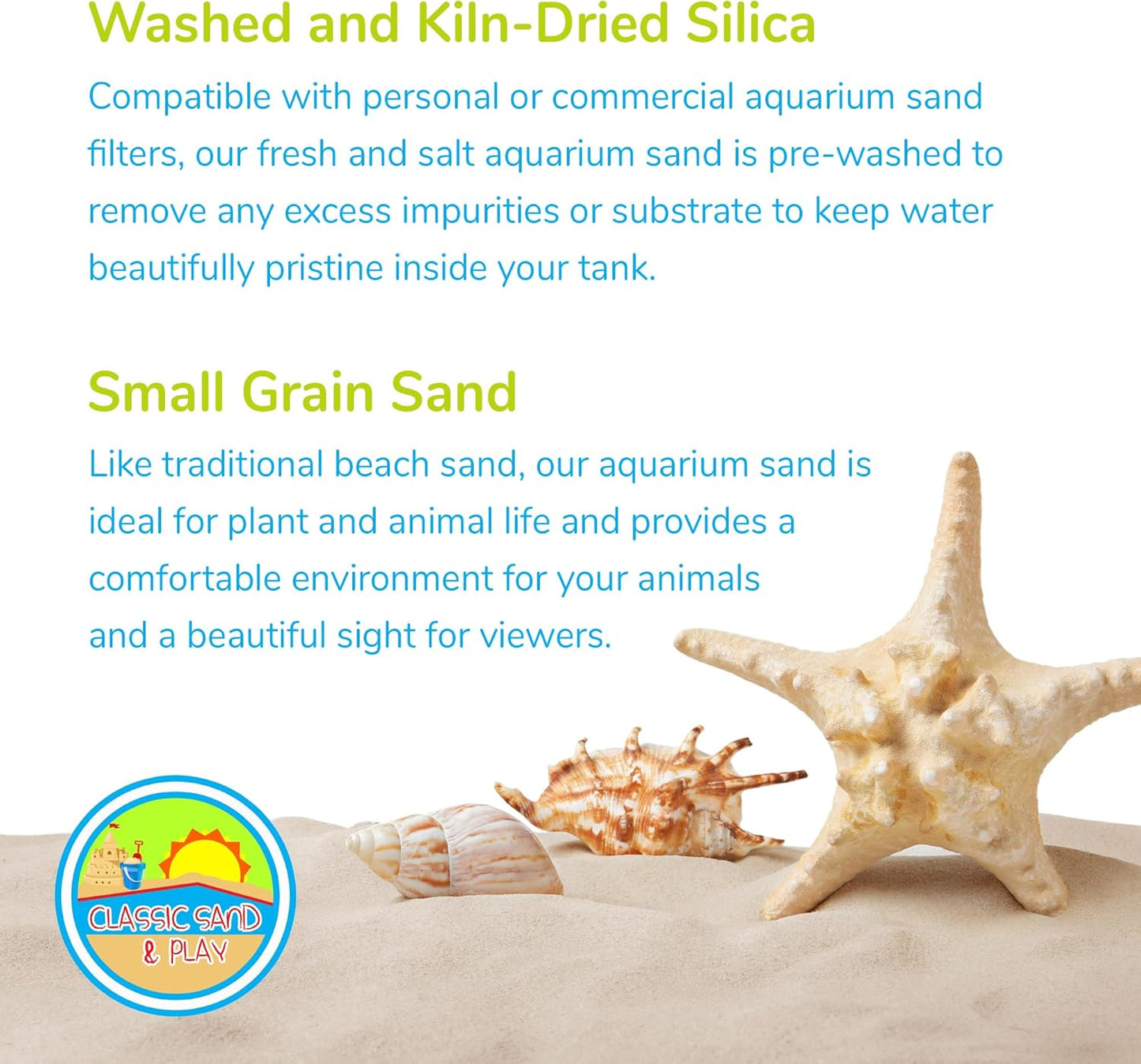 CLASSIC SAND & PLAY Natural Aquarium Sand for Freshwater and Saltwater Tanks, 20 lb. Bag, Improves Filter Life and Filtration Process, Pre-Washed Fine Sand, Green