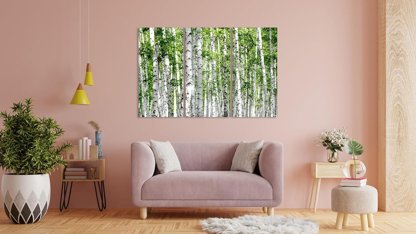 Nature Wall Art Prints - Ocean Forest Mountain Lake Canvas Landscapes - Small to Extra Large Living Room Bedroom Kitchen Bathroom Décor (Green Brich Trees, 35L" x 53W" - 3 Panels)
