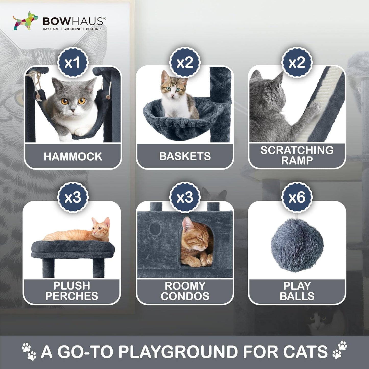 Extra Large 80-Inch Tall Cat Tree w/Widened Perch for Large Cats, Big Cat Tower Indoor, Modern Multi-Level Activity Tower with Scratching Posts, Condos, Baskets, Hammock, Scratching Ramps