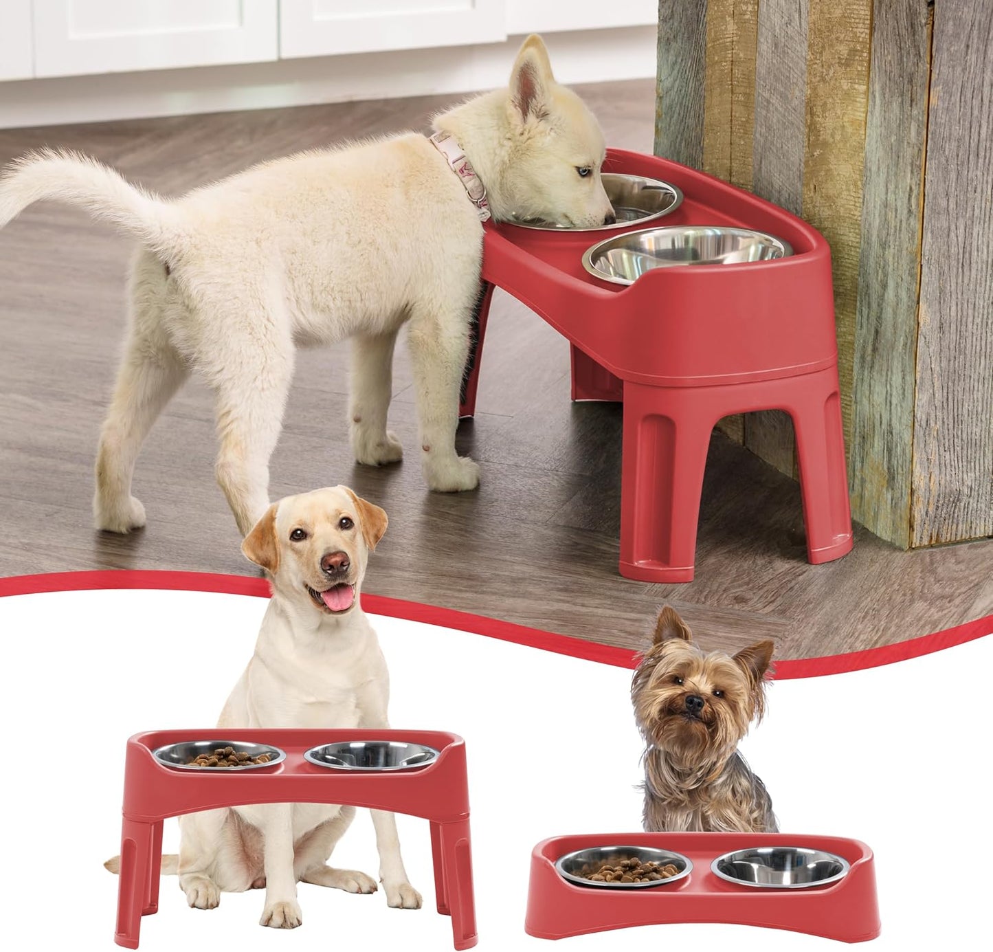 IRIS USA Elevated Dog Bowls, Adjustable Height, 2 Thick 64 oz Stainless Steel Bowls, Spill-Proof with Raised Outer Rim, Durable Made in USA Plastic, Easy Assemble, 2 Heights 4.63" or 12.25" Red