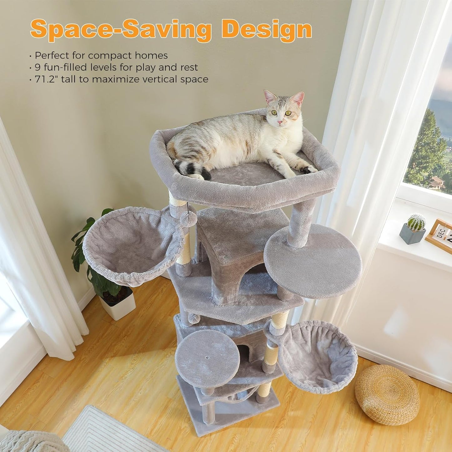 71.2" Tall Cat Tree for Indoor Cats - 9-Level Multi-Cat Tower w/5 Sisal Scratching Posts, 2 Condos, 3 Hammocks, Perch & Pom Poms - Heavy-Duty for Adult Cats, Space-Saving Plush Gray