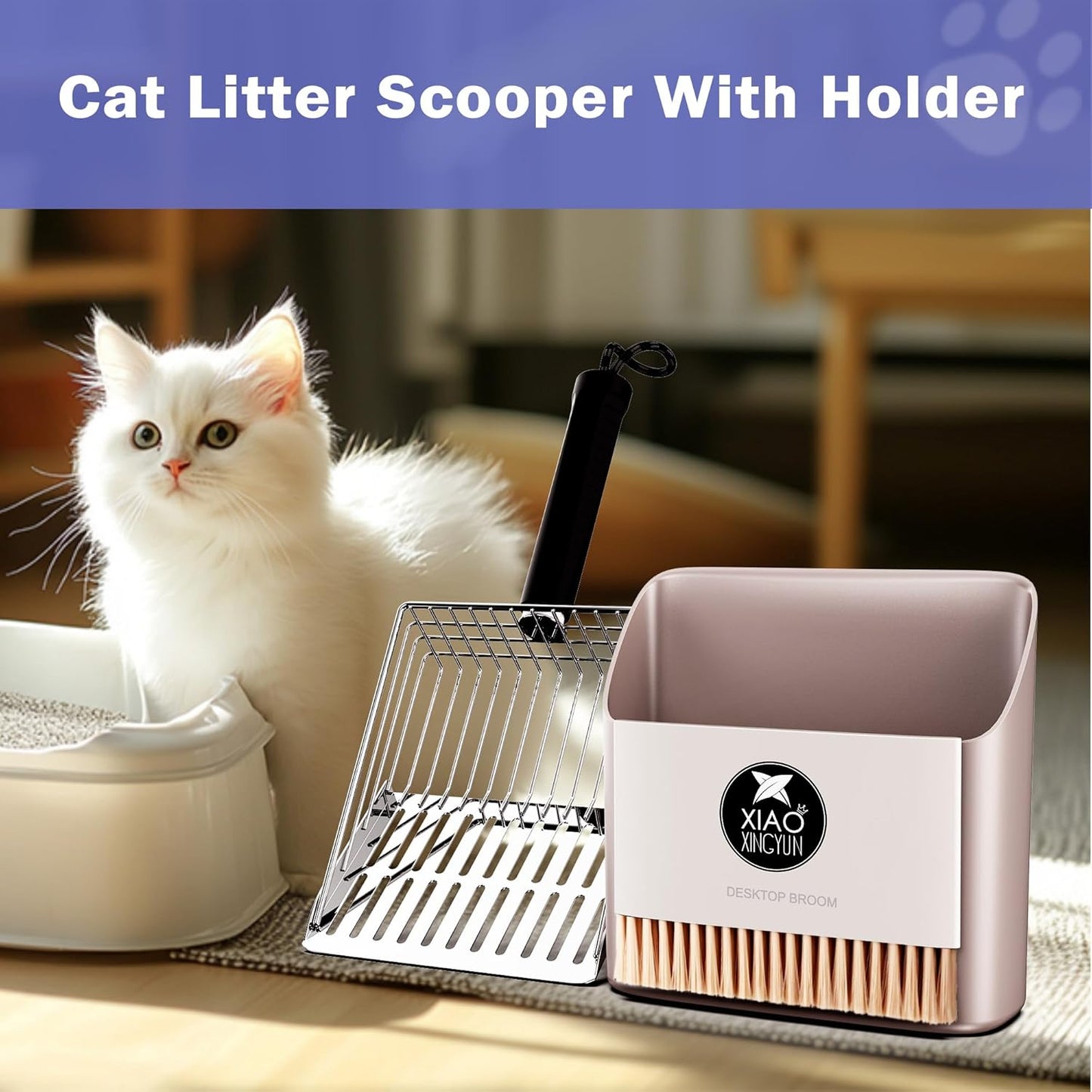 Cat Litter Scooper with Holder, Metal Litter Scoop Includes Portable Small Broom and Dustpan Set, Heavy Duty Stainless Steel Litter Scoop with Coarse and Fine Grid, Quick Sift and Easy Clean