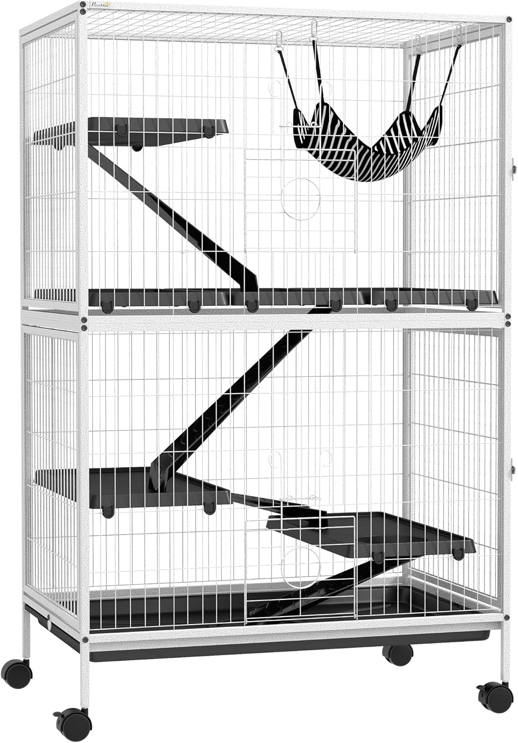 PawHut Metal Small Animal Cage, 5-Tiers Rolling Big Ferret Cage with Hammock, Removable Tray, for Chinchilla, Sugar Glider, White