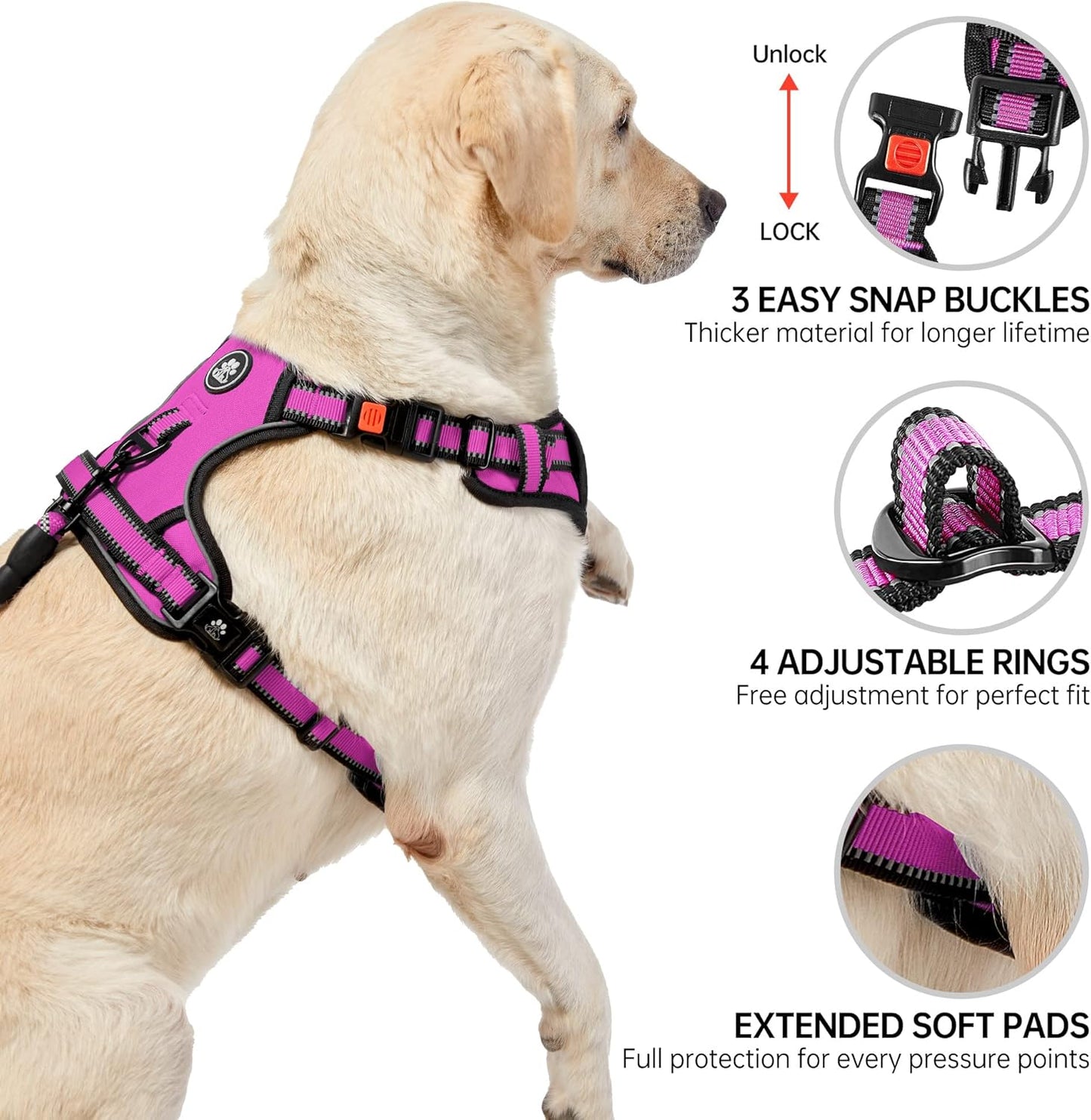 NESTROAD No Pull Dog Harness,Adjustable Oxford Dog Vest Harness with Leash,Reflective No-Choke Pet Harness with Easy Control Soft Handle for Large Dogs(X-Large,Fuchsia Pink)