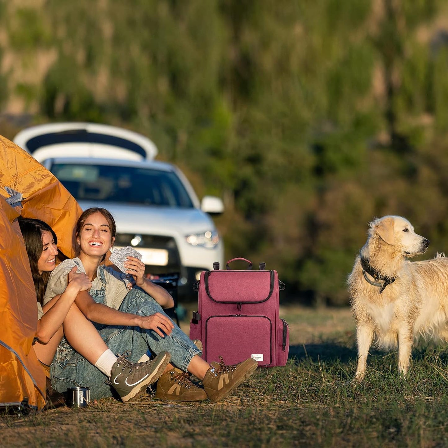 Modoker Dog Travel Bag Backpack, Airline Approved Pet Accessories Organizer for Dog and Cat with Shoulder Strap, 2 Dog Food Storage Containers, 2 Collapsible Dog Bowls,1 Pet Mat, Rose Red
