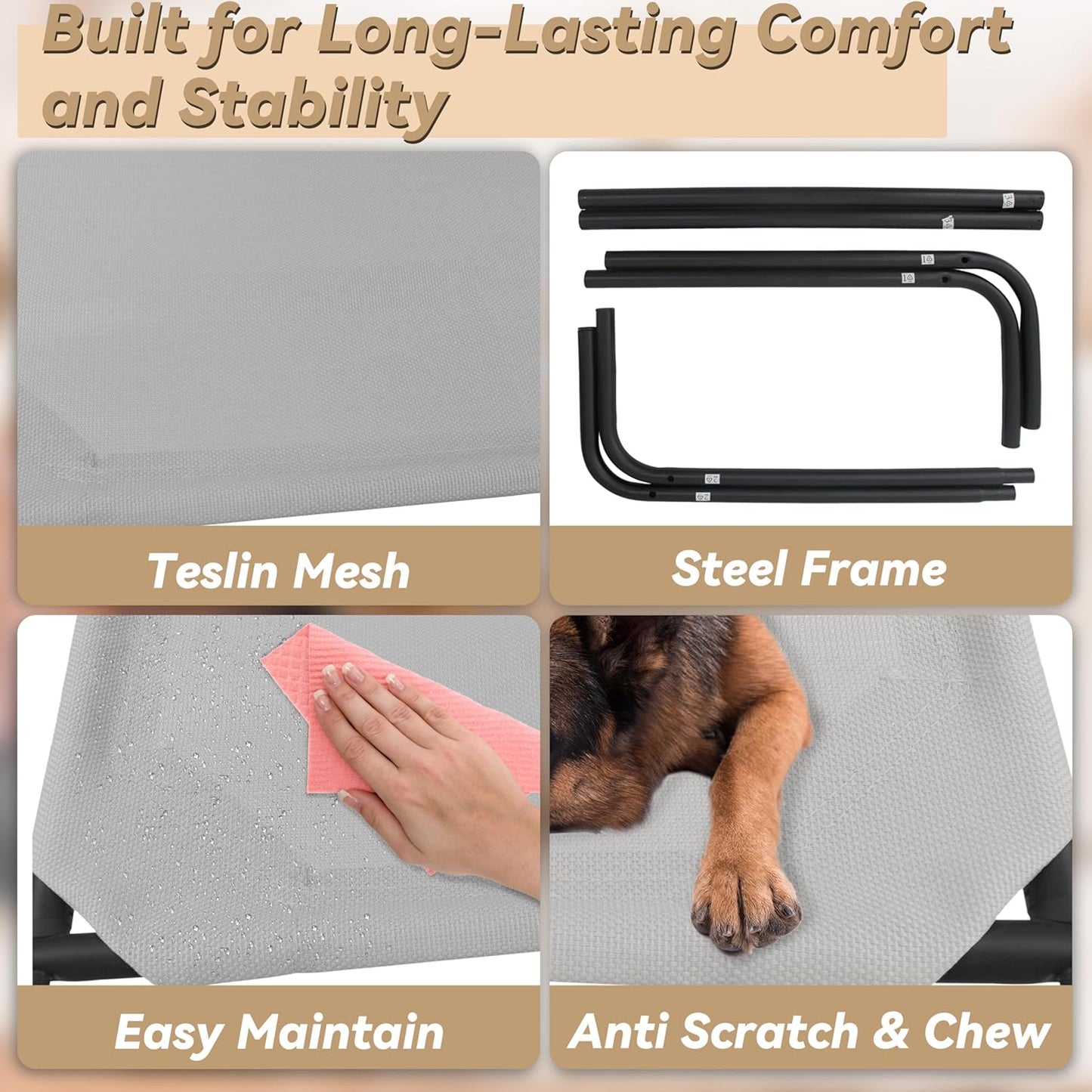 PHYEX Raised Pet Cot for Small Pets, Elevated Dog Bed with Breathable Mesh, Sturdy Steel Frame for Indoor & Outdoor Use, Non-Slip Design, Easy Clean, 33-Inch Grey