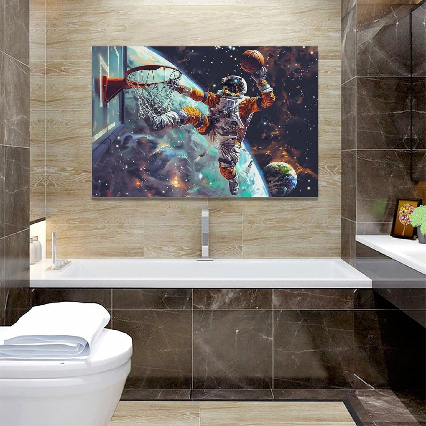Quorin Astronaut Wall Art Funny Spaceman Basketball Pictures Space Galaxy Planet Wall Decor Canvas Print Painting Artwork for Bathroom Living Room Bedroom 16"x24"