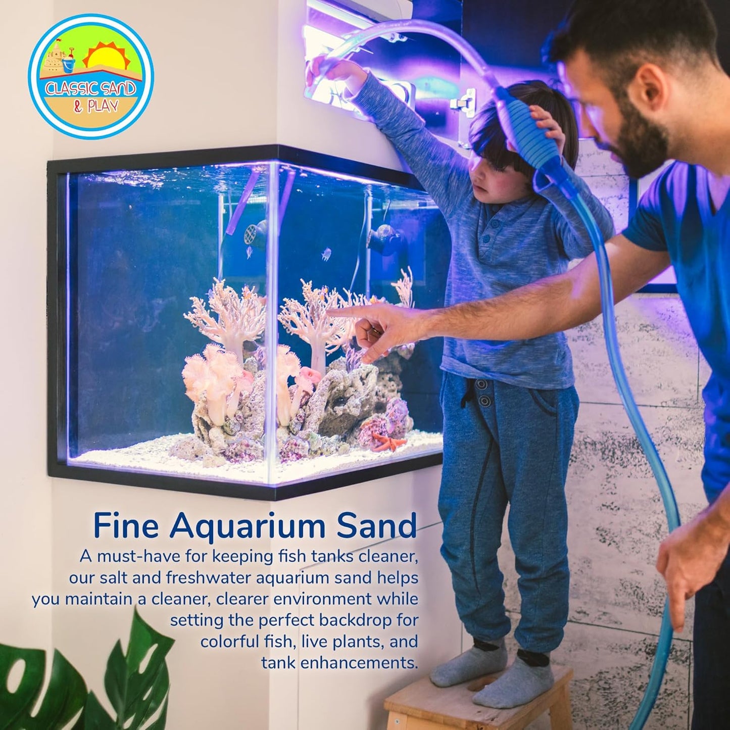 CLASSIC SAND & PLAY Natural Aquarium Sand for Freshwater and Saltwater Tanks, 40 lb. Bag, Improves Filter Life and Filtration Process, Pre-Washed Fine Sand, Natural