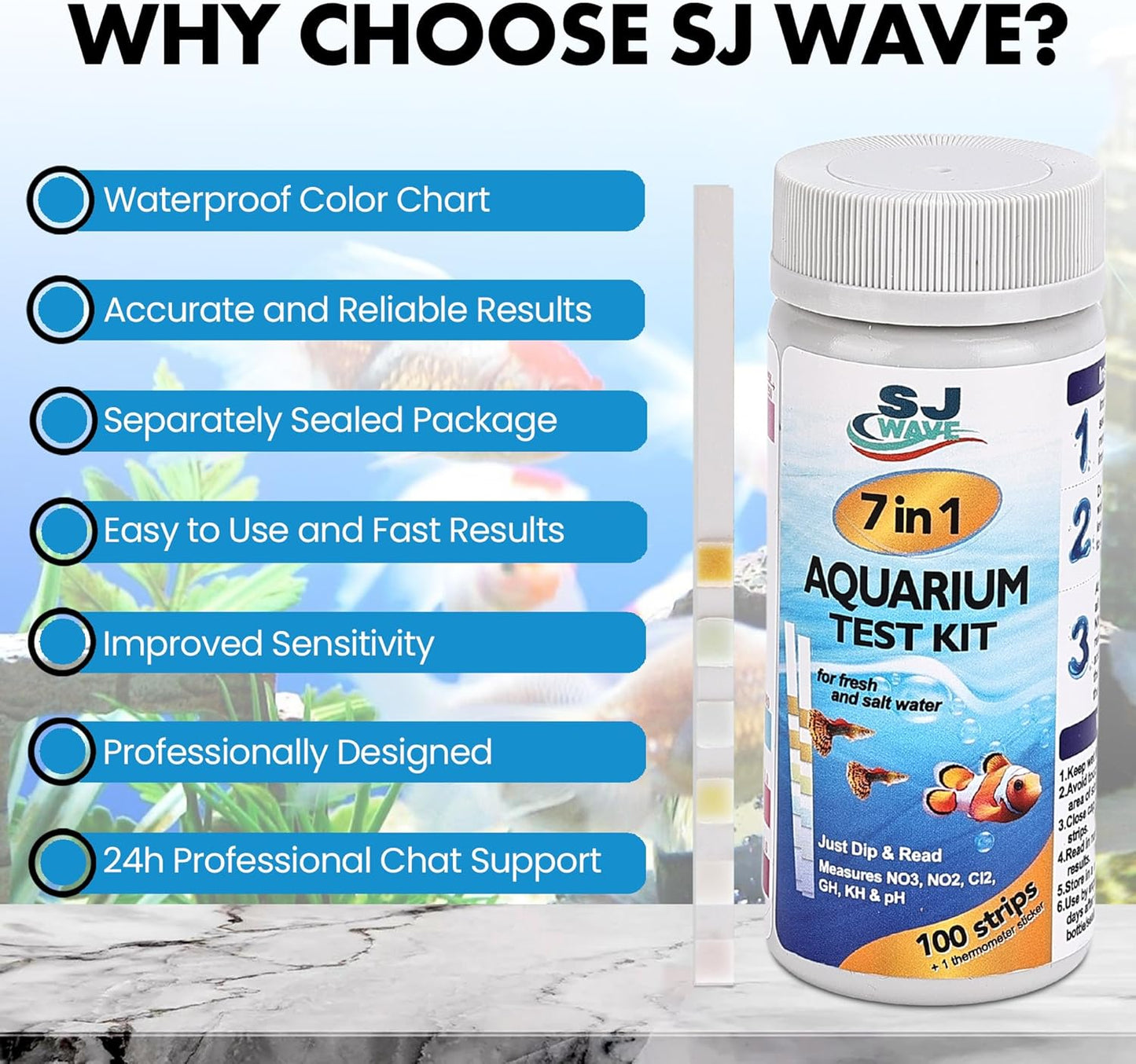 7 in 1 - Aquarium Test Strips | 100 Fast & Accurate Strips | Fish Tank Aquariums Water Test Kit & ebook | Aquarium Thermometer | Fish Tank Water Testing Kit for Fresh & Saltwater | Versatile Usage