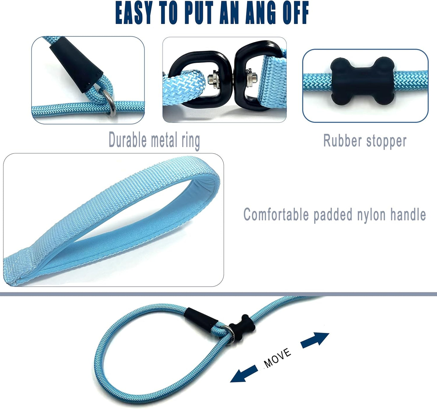 Slip Lead Dog Leash，Strong Nylon Rope Leash and Padded Handle,No Pull Outdoor Walking Training Lead for Small Medium Large Dogs(Light Bule, 1/2"×6ft)